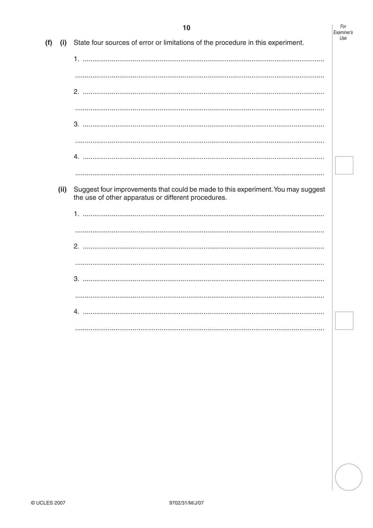 Cambridge A Level Physics 9702 2007 May/June Paper 3 · Variant 1 question paper, page 10 of 12