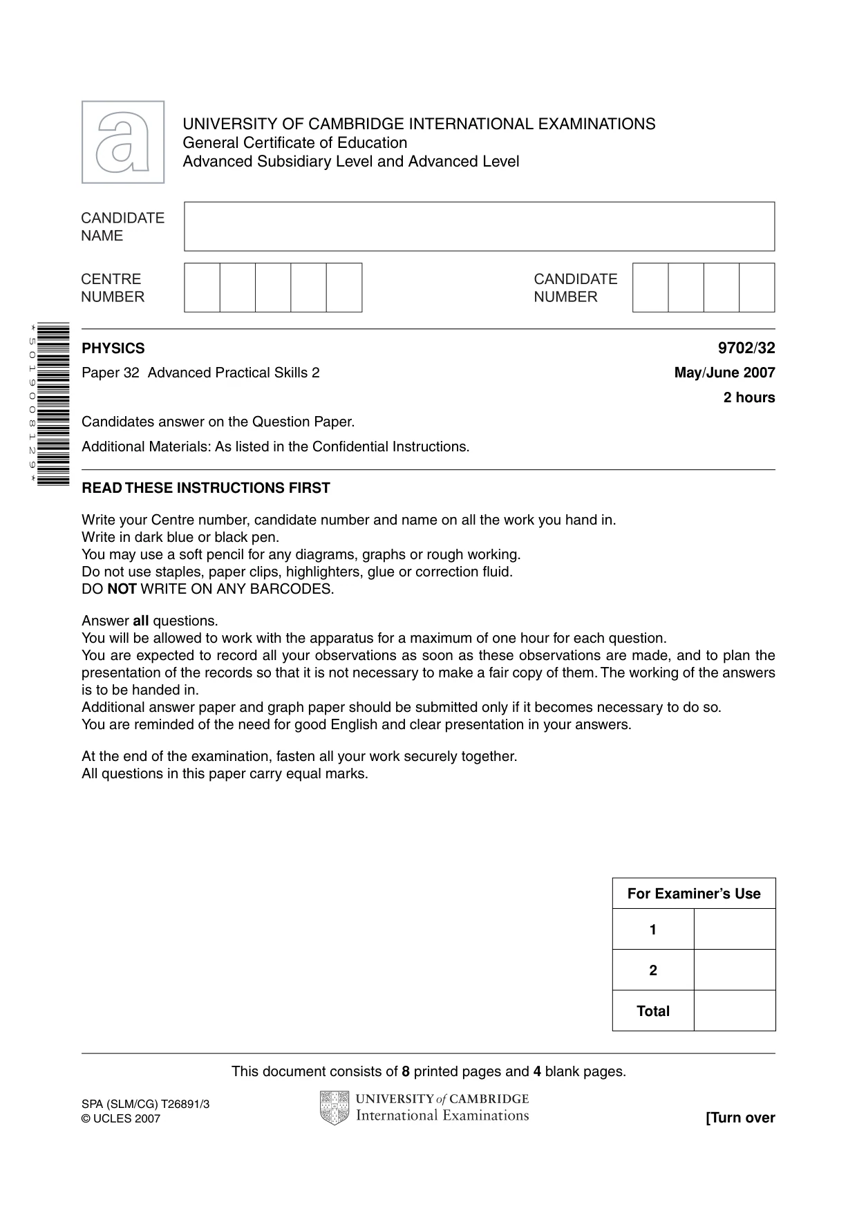 Cambridge A Level Physics 9702 2007 May/June Paper 3 · Variant 2 question paper, page 1 of 12