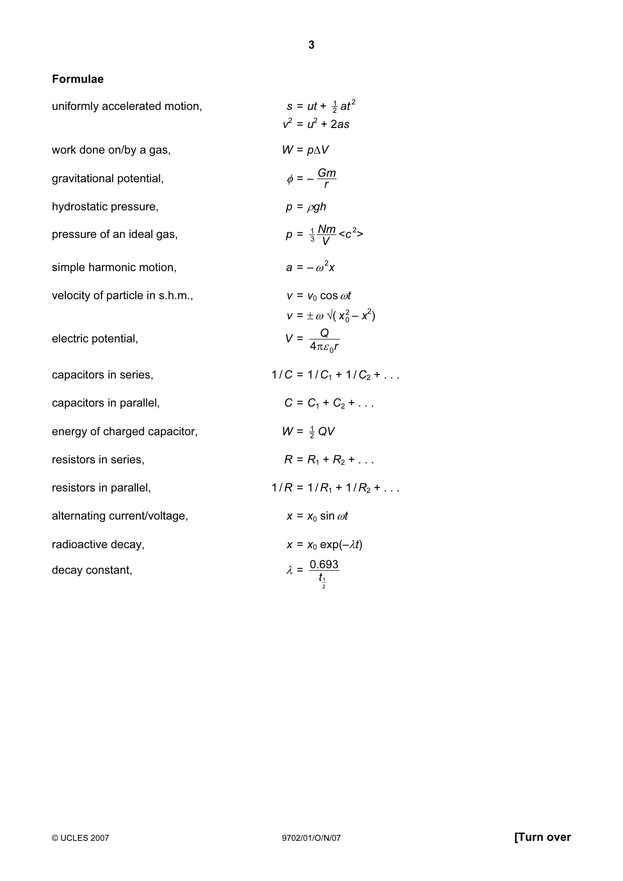 Cambridge A Level Physics 9702 2007 Oct/Nov Paper 1 · Variant 1 question paper, page 3 of 20