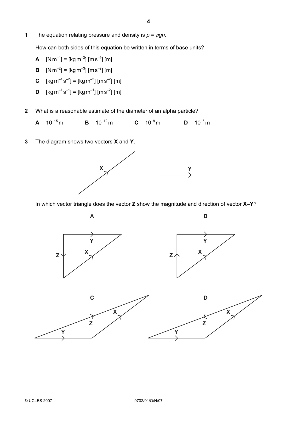 Cambridge A Level Physics 9702 2007 Oct/Nov Paper 1 · Variant 1 question paper, page 4 of 20