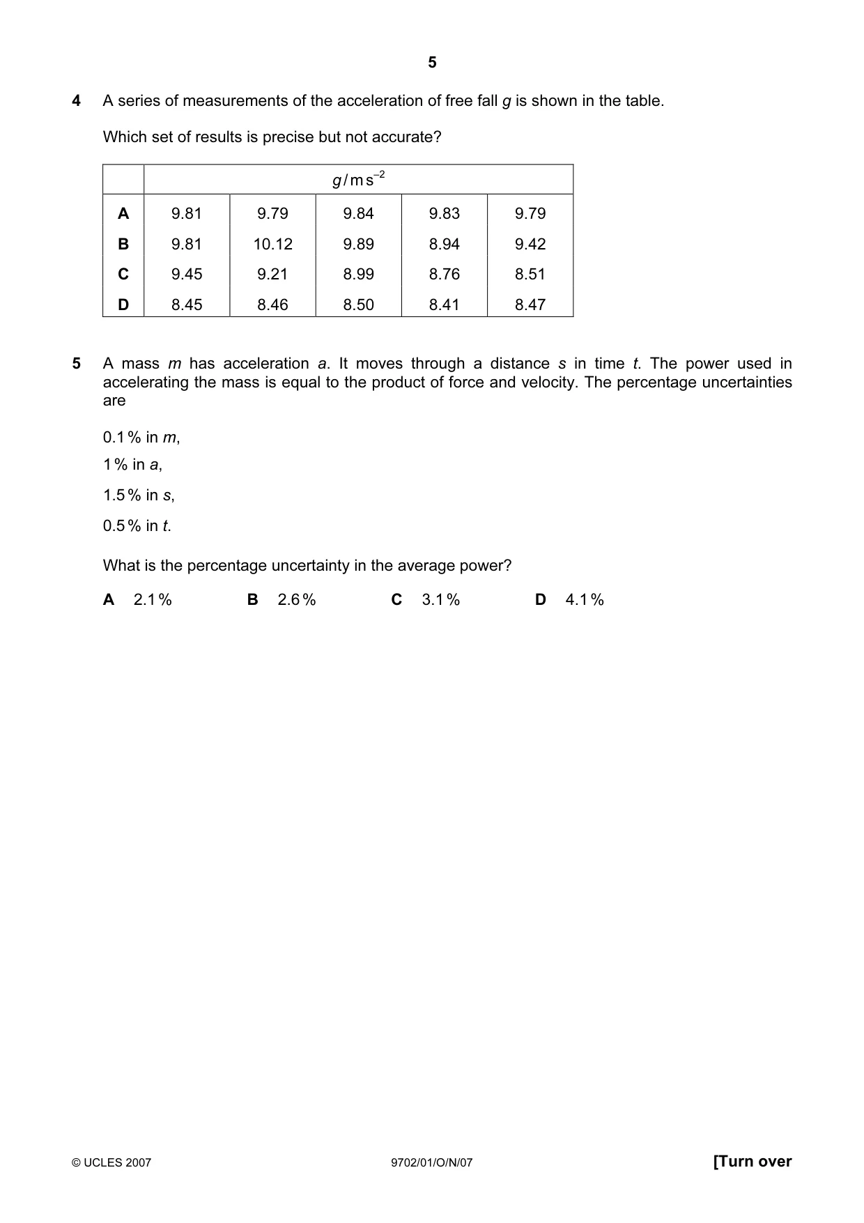 Cambridge A Level Physics 9702 2007 Oct/Nov Paper 1 · Variant 1 question paper, page 5 of 20