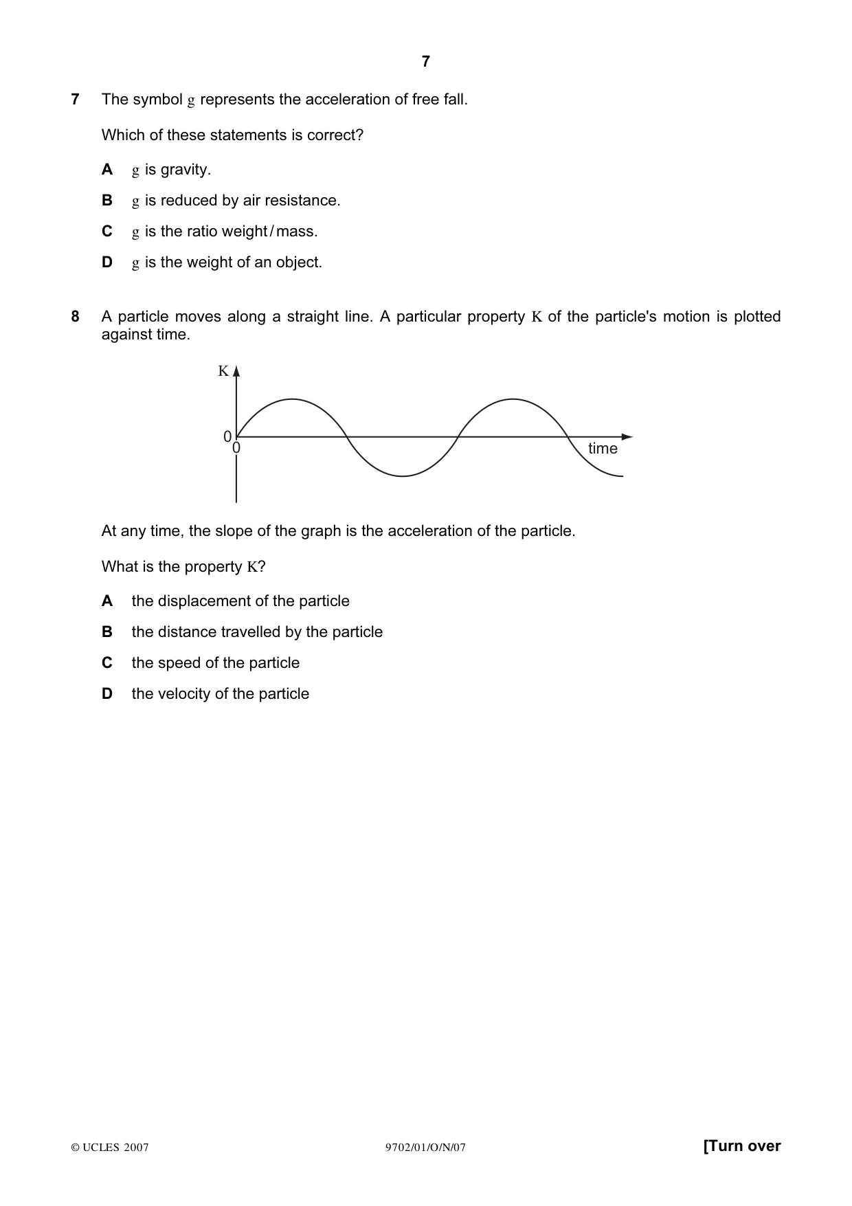 Cambridge A Level Physics 9702 2007 Oct/Nov Paper 1 · Variant 1 question paper, page 7 of 20