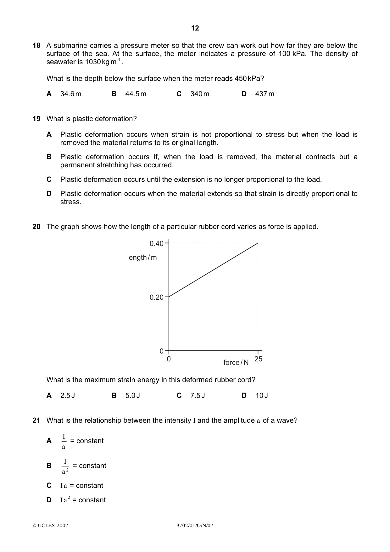 Cambridge A Level Physics 9702 2007 Oct/Nov Paper 1 · Variant 1 question paper, page 12 of 20