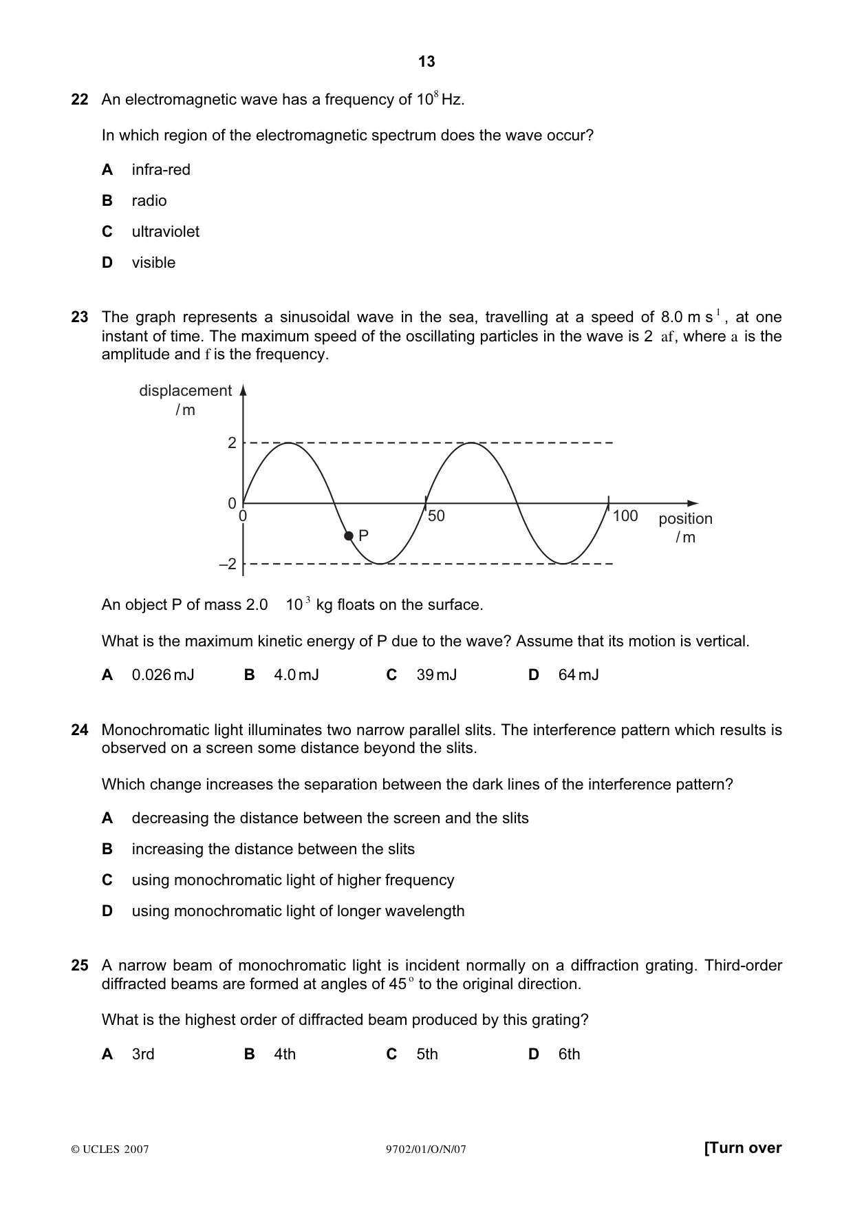 Cambridge A Level Physics 9702 2007 Oct/Nov Paper 1 · Variant 1 question paper, page 13 of 20