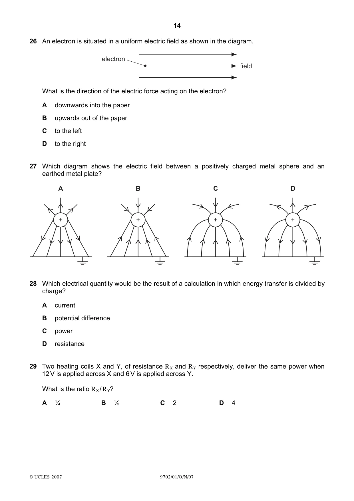 Cambridge A Level Physics 9702 2007 Oct/Nov Paper 1 · Variant 1 question paper, page 14 of 20