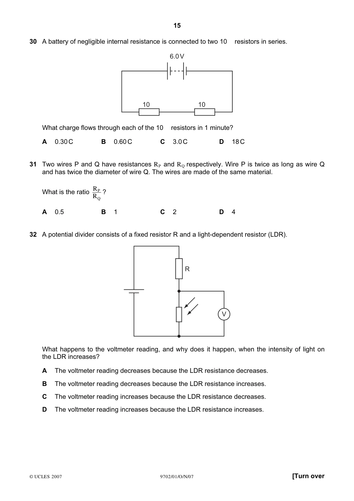 Cambridge A Level Physics 9702 2007 Oct/Nov Paper 1 · Variant 1 question paper, page 15 of 20