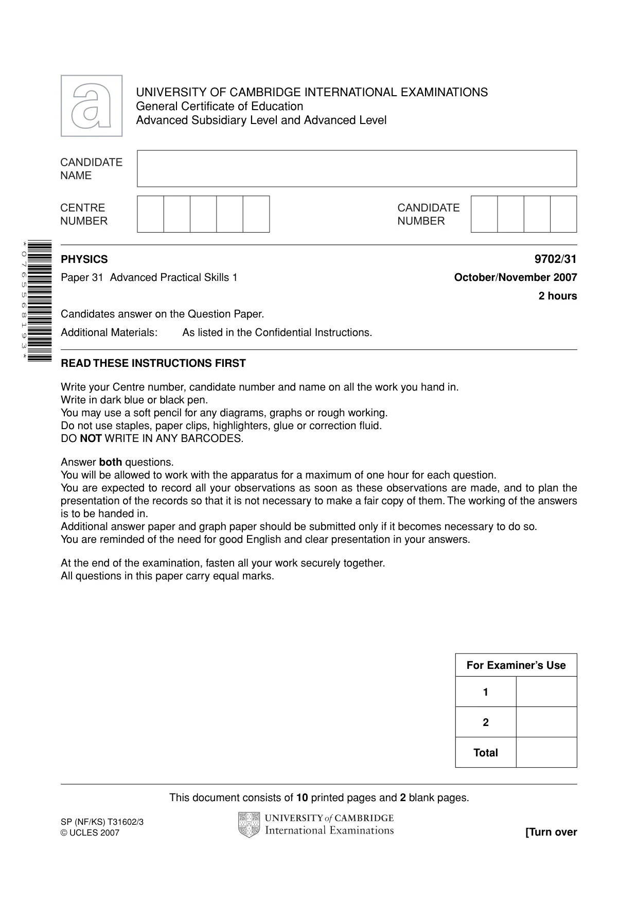 Cambridge A Level Physics 9702 2007 Oct/Nov Paper 3 · Variant 1 question paper, page 1 of 12