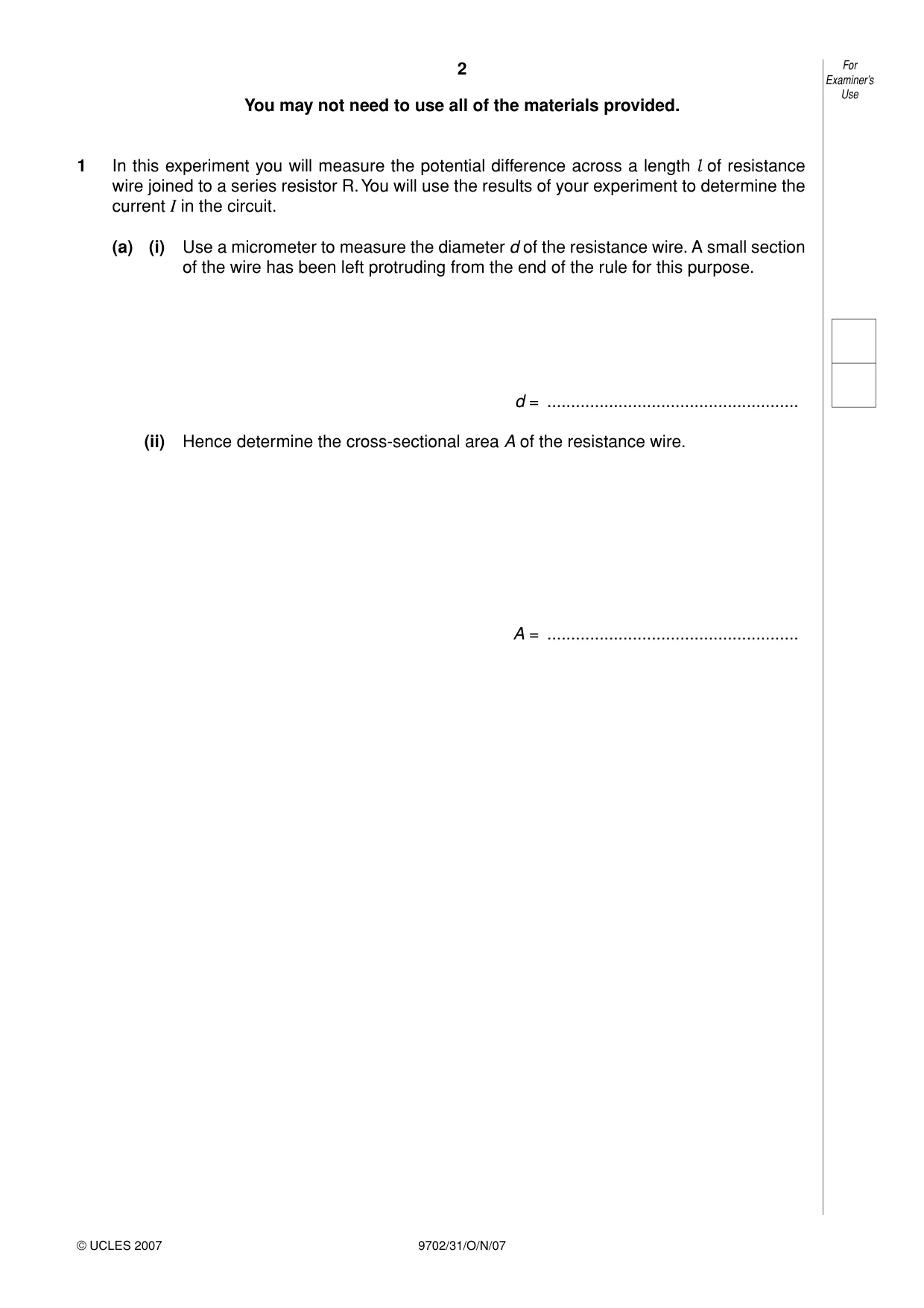 Cambridge A Level Physics 9702 2007 Oct/Nov Paper 3 · Variant 1 question paper, page 2 of 12