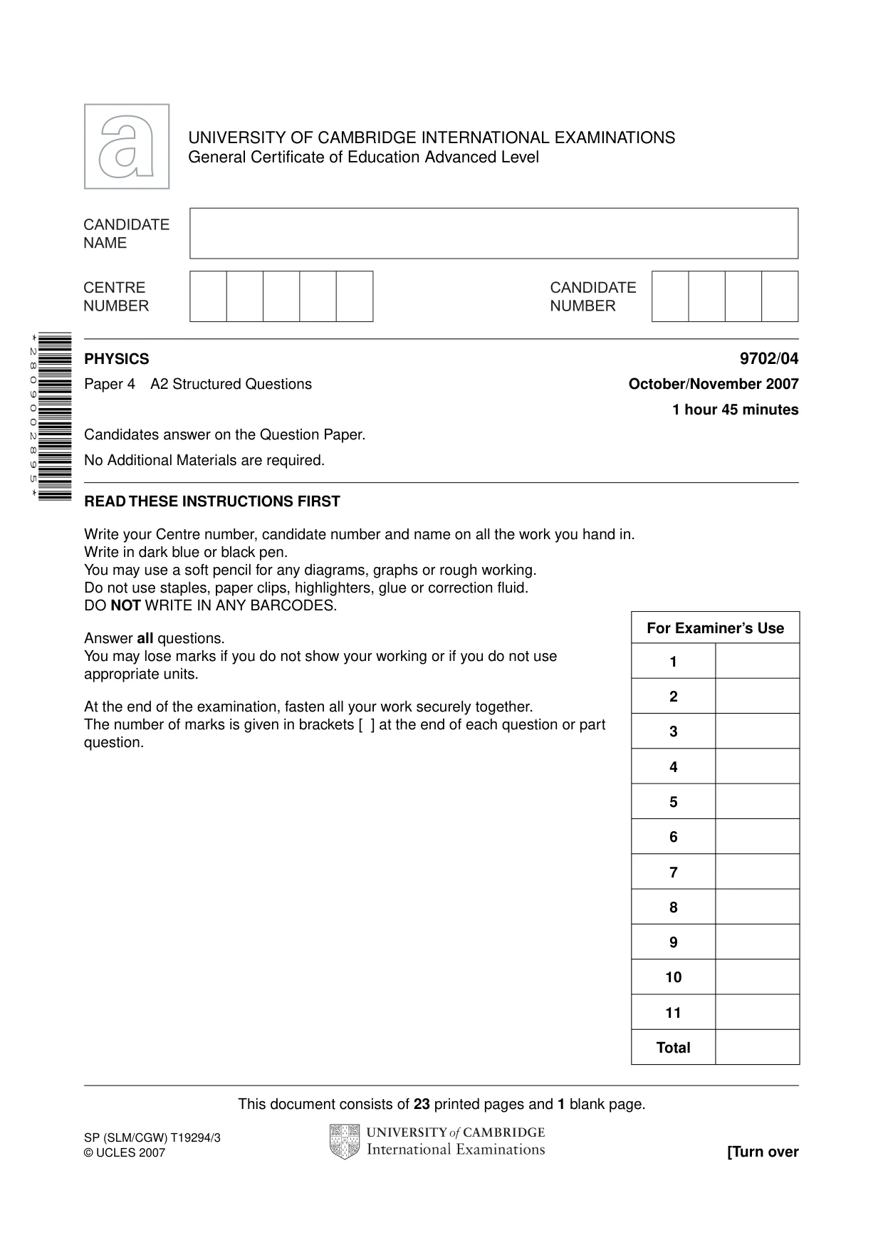 Cambridge A Level Physics 9702 2007 Oct/Nov Paper 4 · Variant 1 question paper, page 1 of 24