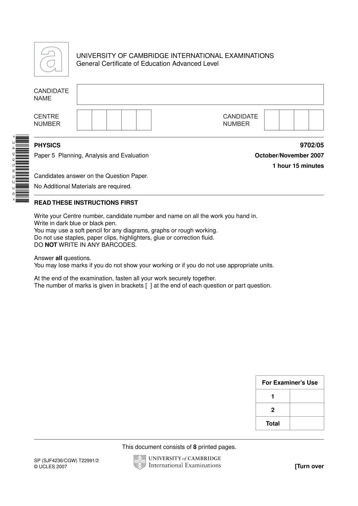 Cambridge A Level Physics 9702 2007 Oct/Nov Paper 5 · Variant 1 question paper, page 1 of 8