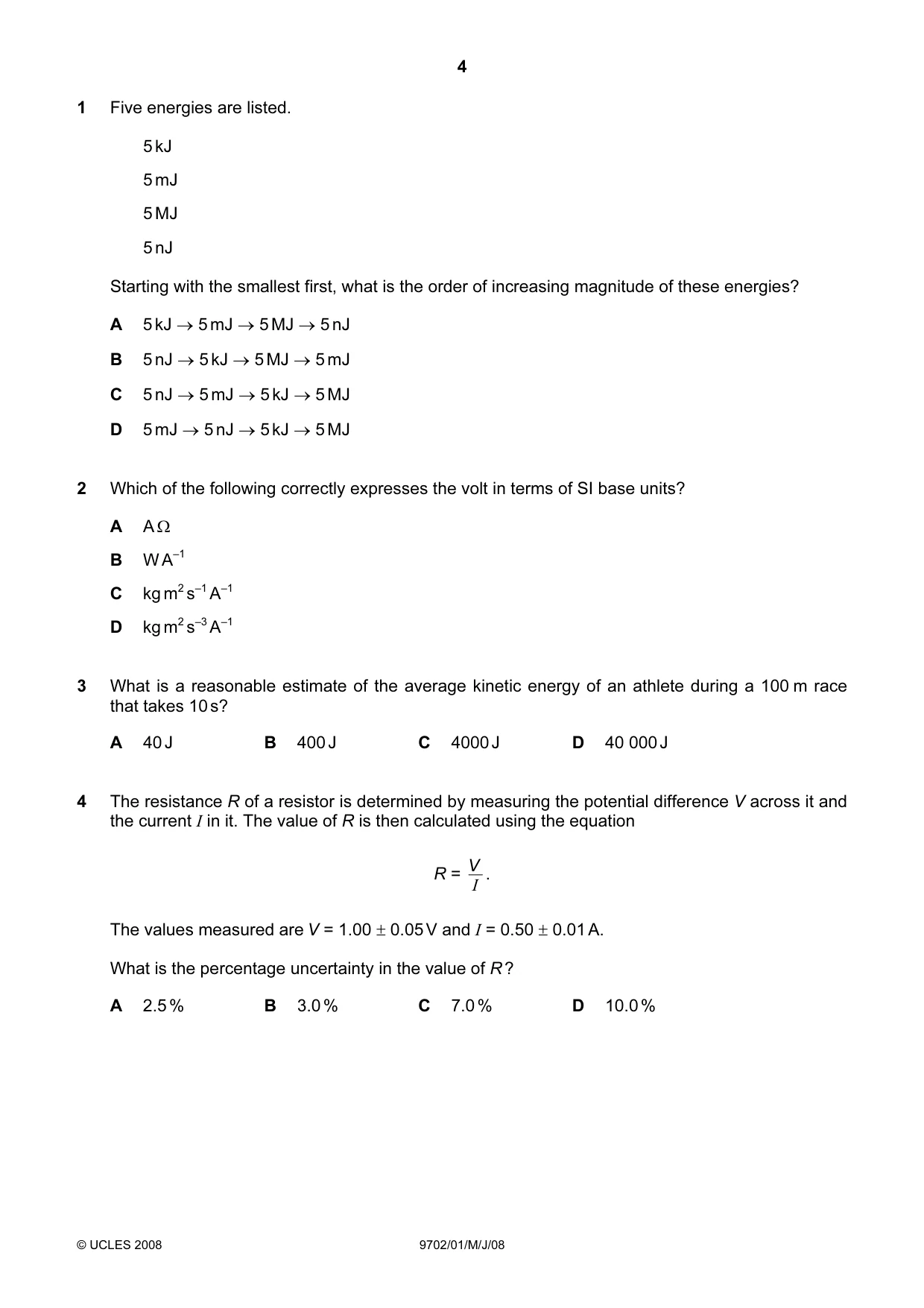 Cambridge A Level Physics 9702 2008 May/June Paper 1 · Variant 1 question paper, page 4 of 21