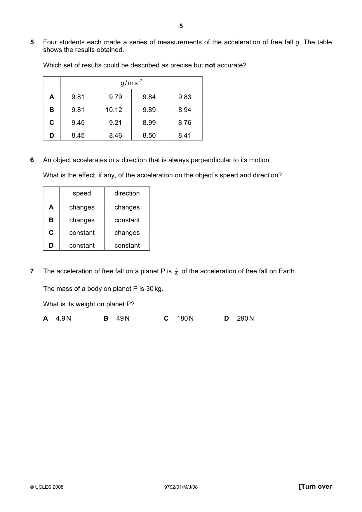 Cambridge A Level Physics 9702 2008 May/June Paper 1 · Variant 1 question paper, page 5 of 21