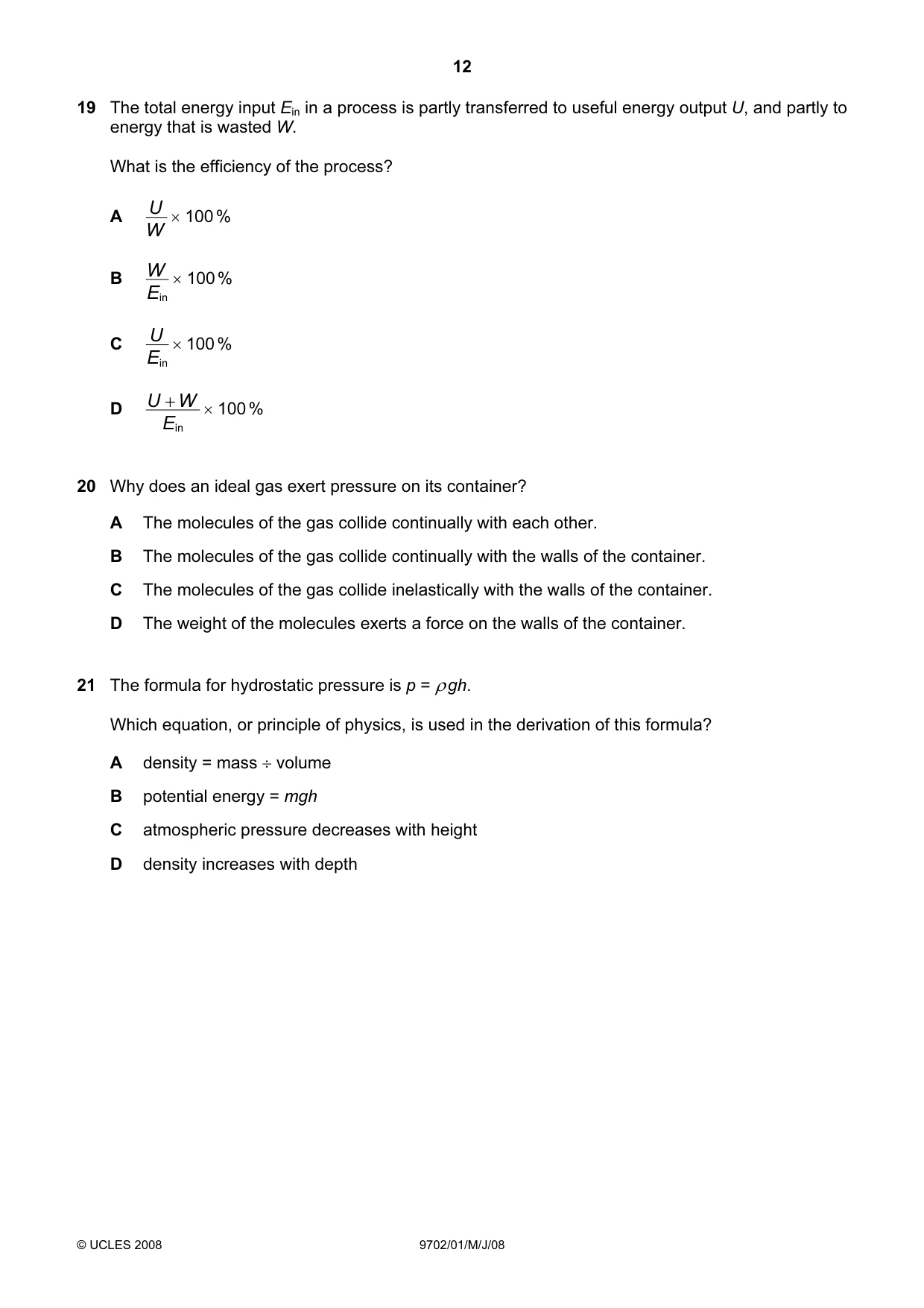 Cambridge A Level Physics 9702 2008 May/June Paper 1 · Variant 1 question paper, page 12 of 21