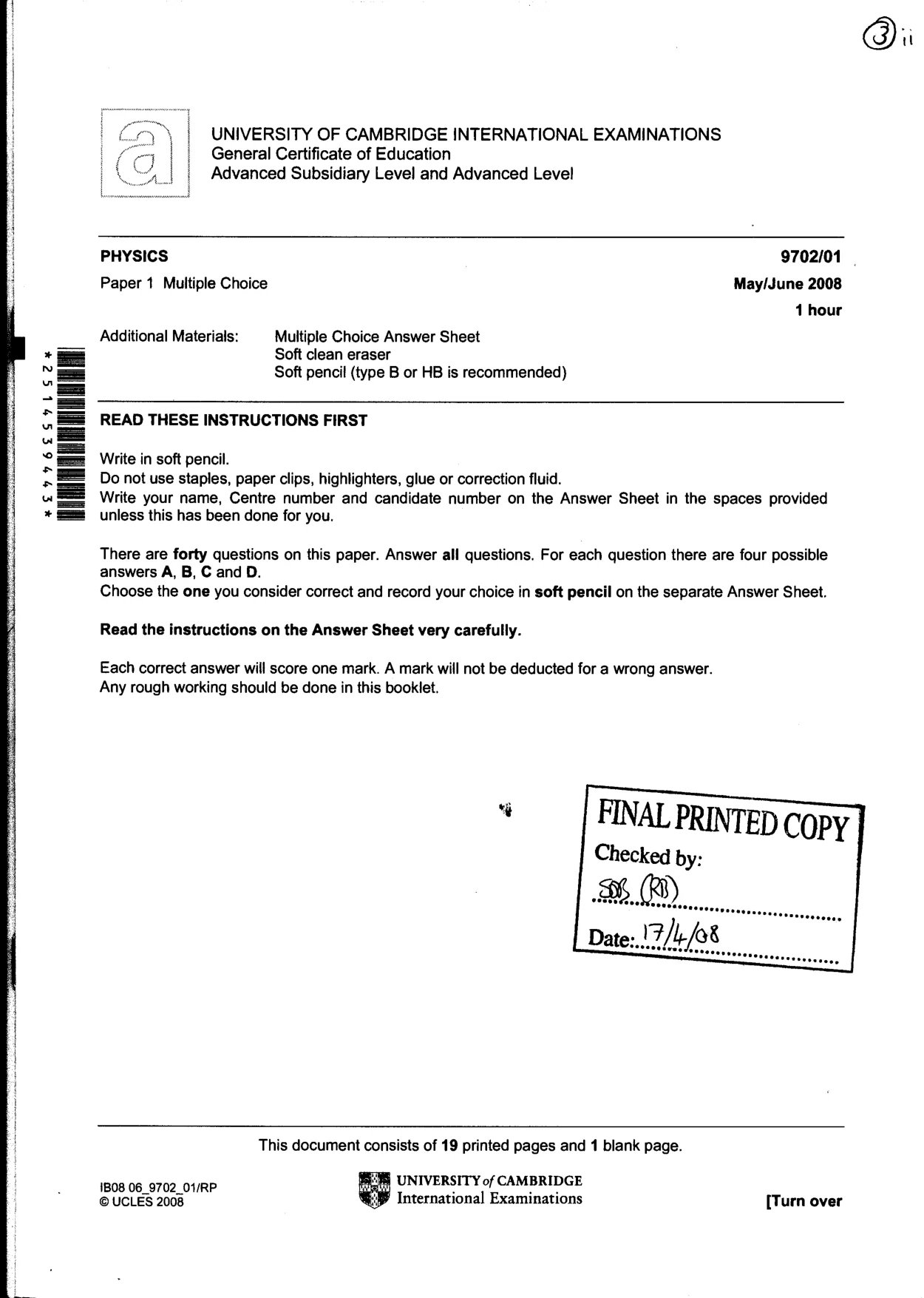 Cambridge A Level Physics 9702 2008 May/June Paper 1 · Variant 1 question paper, page 21 of 21