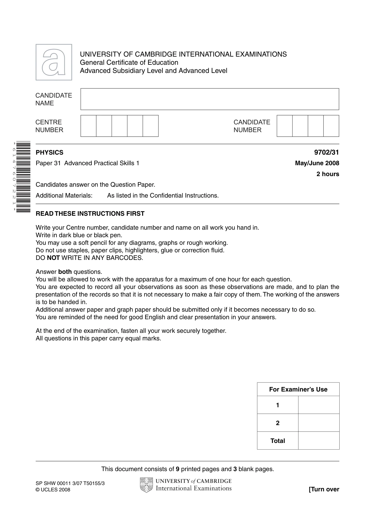 Cambridge A Level Physics 9702 2008 May/June Paper 3 · Variant 1 question paper, page 1 of 12
