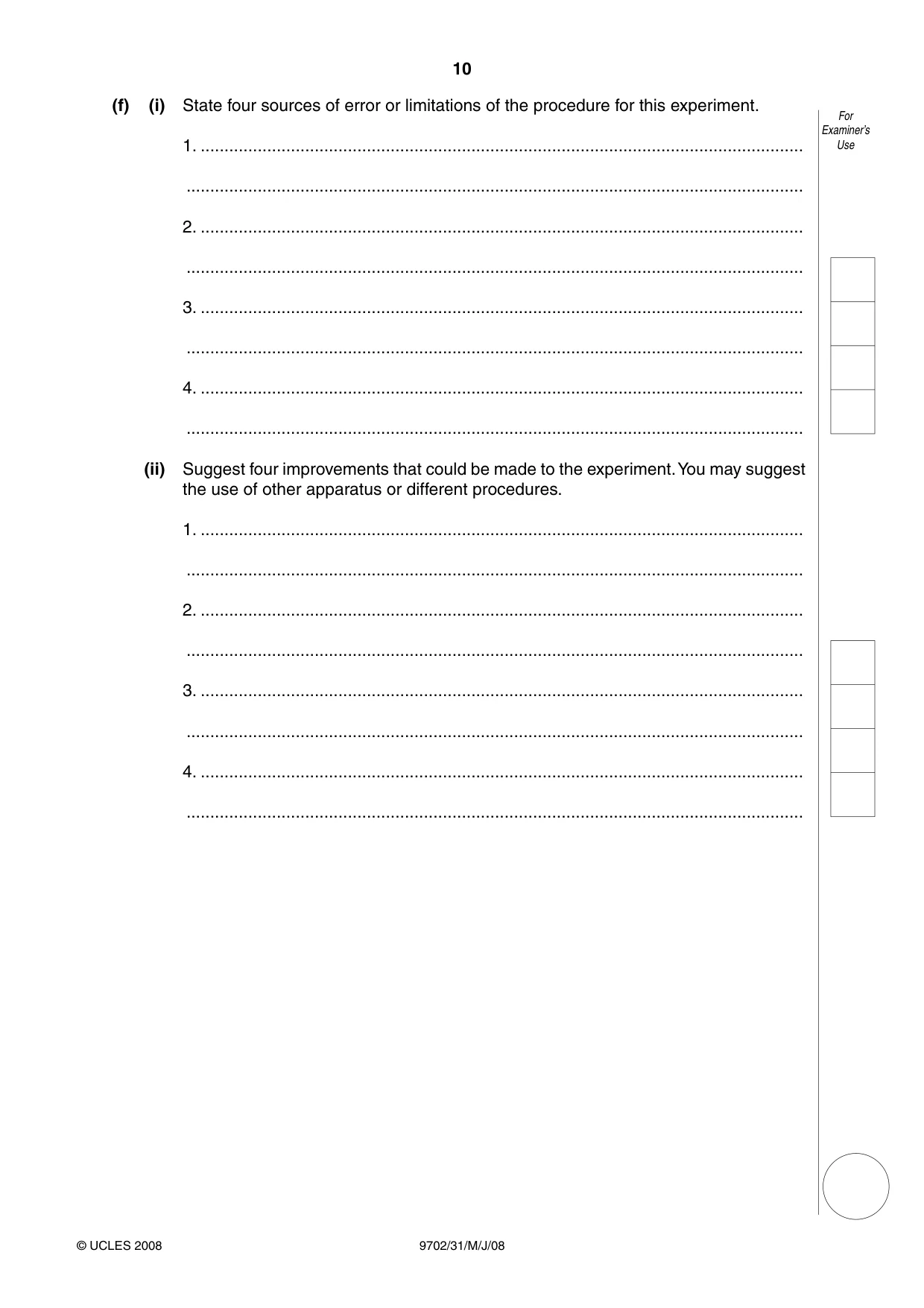 Cambridge A Level Physics 9702 2008 May/June Paper 3 · Variant 1 question paper, page 10 of 12