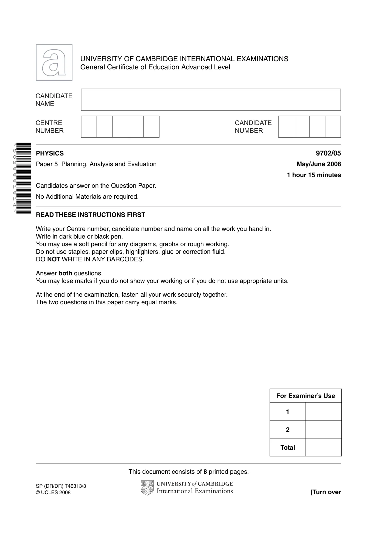 Cambridge A Level Physics 9702 2008 May/June Paper 5 · Variant 1 question paper, page 1 of 8