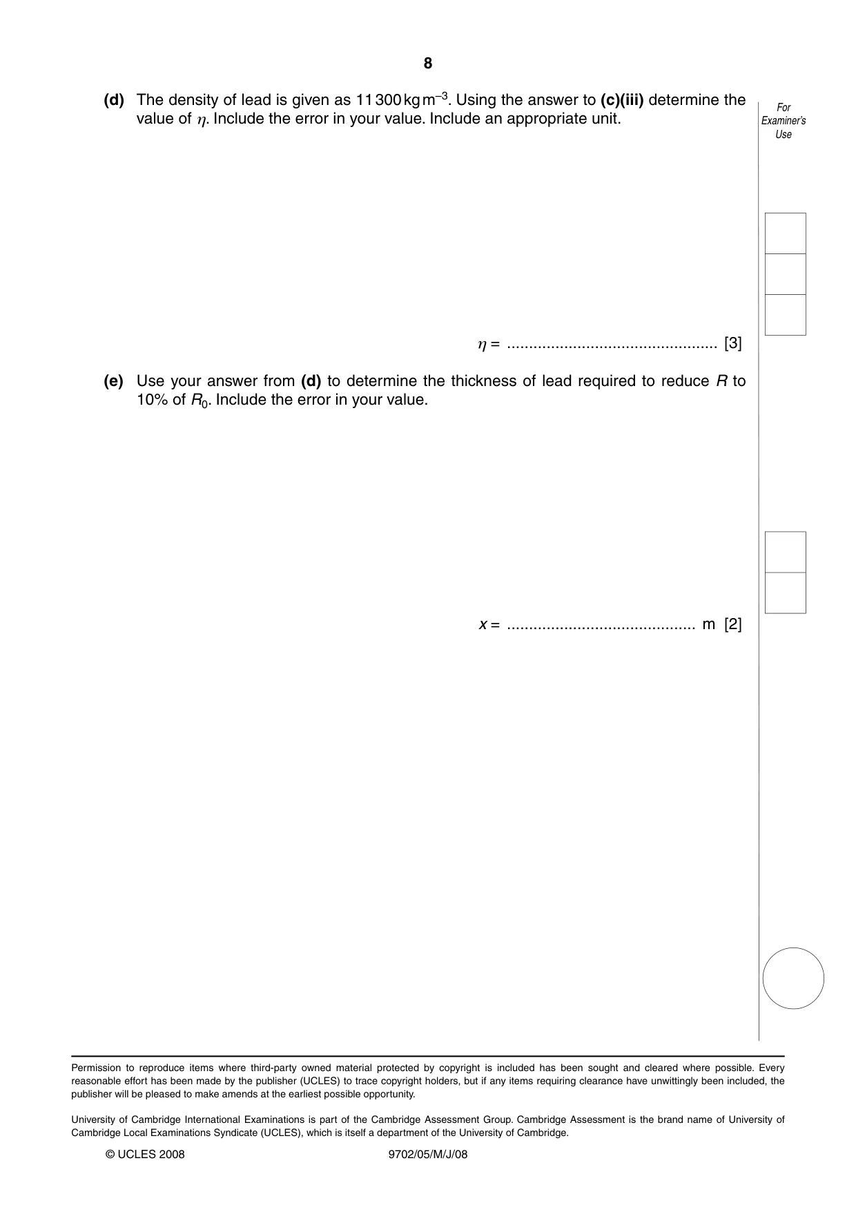 Cambridge A Level Physics 9702 2008 May/June Paper 5 · Variant 1 question paper, page 8 of 8