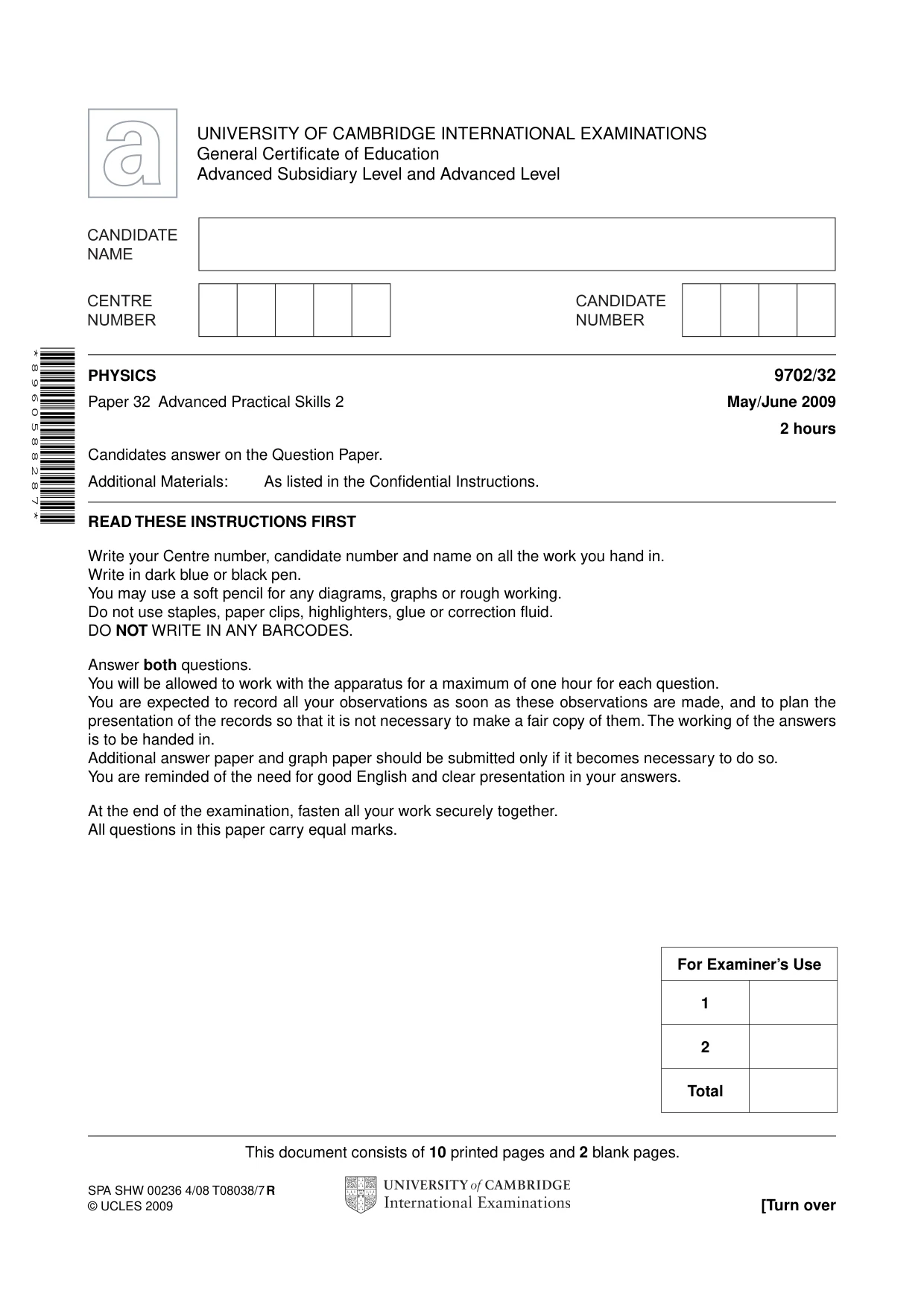 Cambridge A Level Physics 9702 2009 May/June Paper 3 · Variant 2 question paper, page 1 of 12