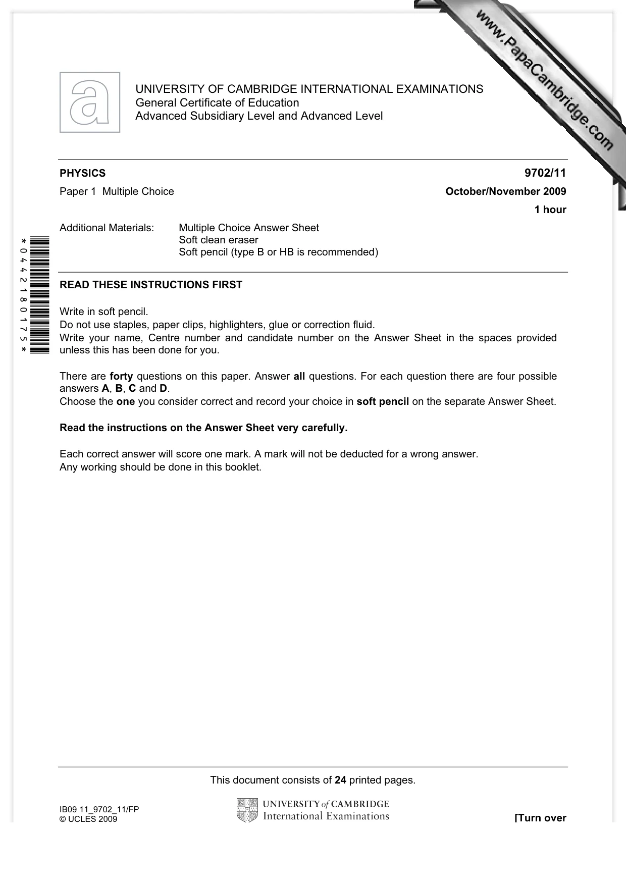 Cambridge A Level Physics 9702 2009 Oct/Nov Paper 1 · Variant 1 question paper, page 1 of 24
