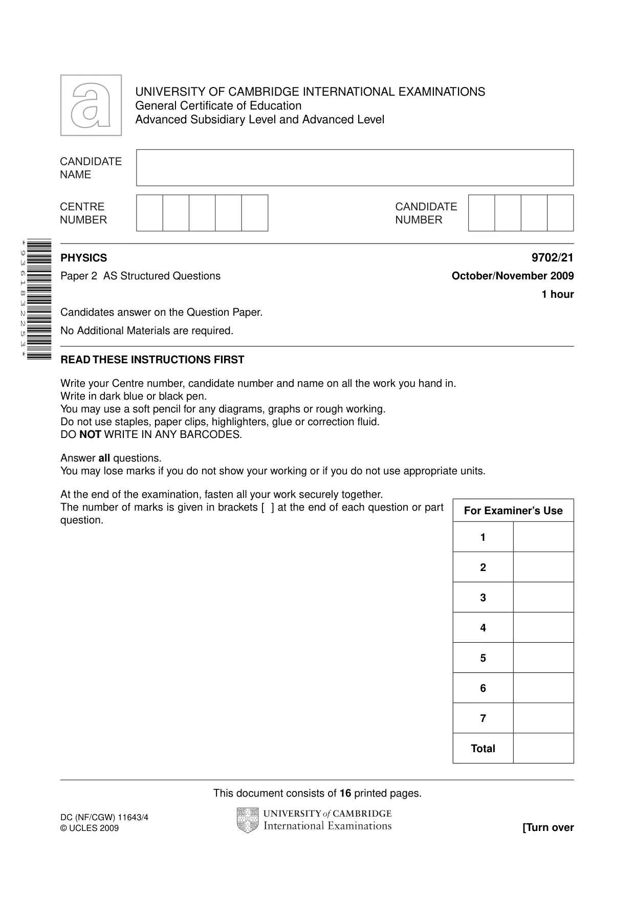 Cambridge A Level Physics 9702 2009 Oct/Nov Paper 2 · Variant 1 question paper, page 1 of 16
