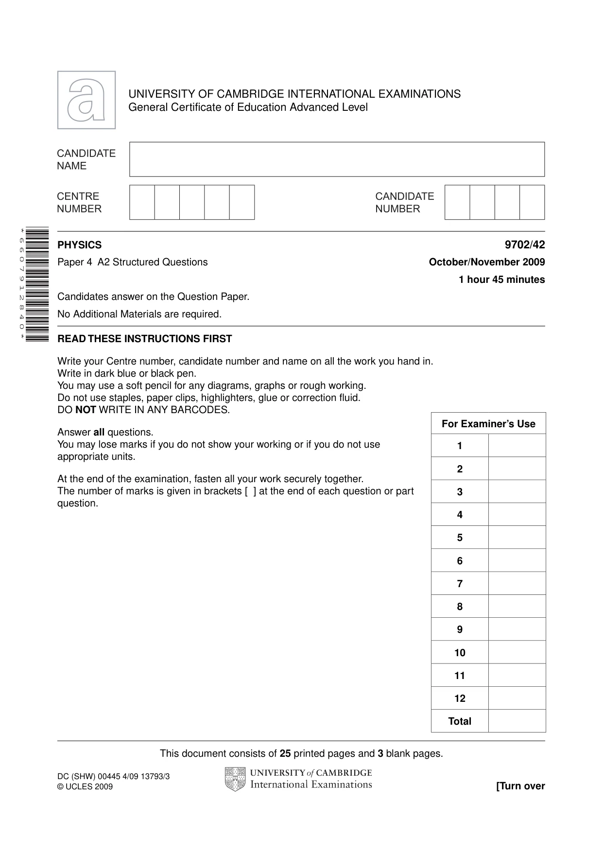 Cambridge A Level Physics 9702 2009 Oct/Nov Paper 4 · Variant 2 question paper, page 1 of 28