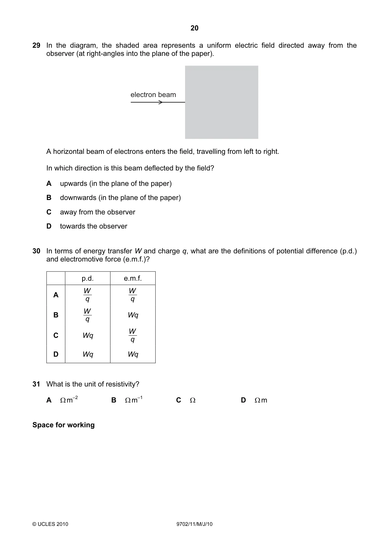 Cambridge A Level Physics 9702 2010 May/June Paper 1 · Variant 1 question paper, page 20 of 24