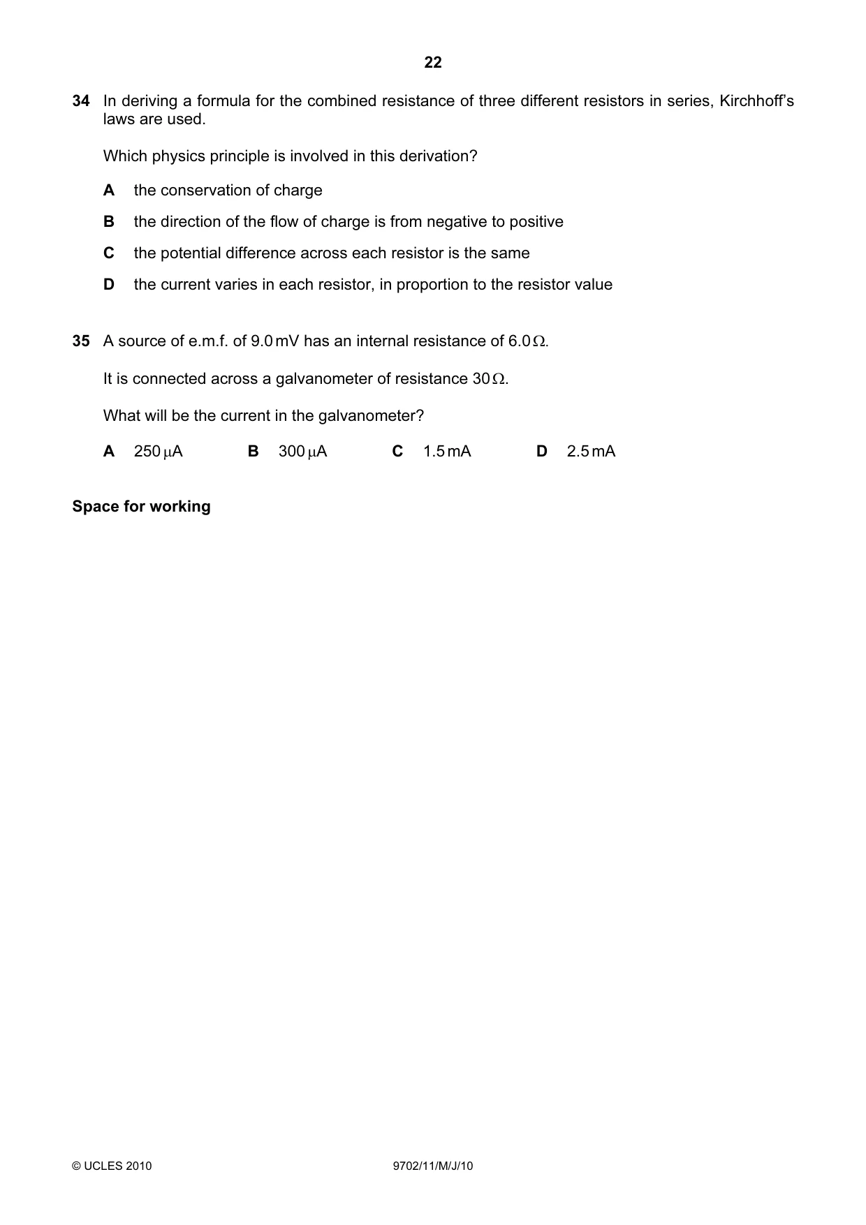 Cambridge A Level Physics 9702 2010 May/June Paper 1 · Variant 1 question paper, page 22 of 24