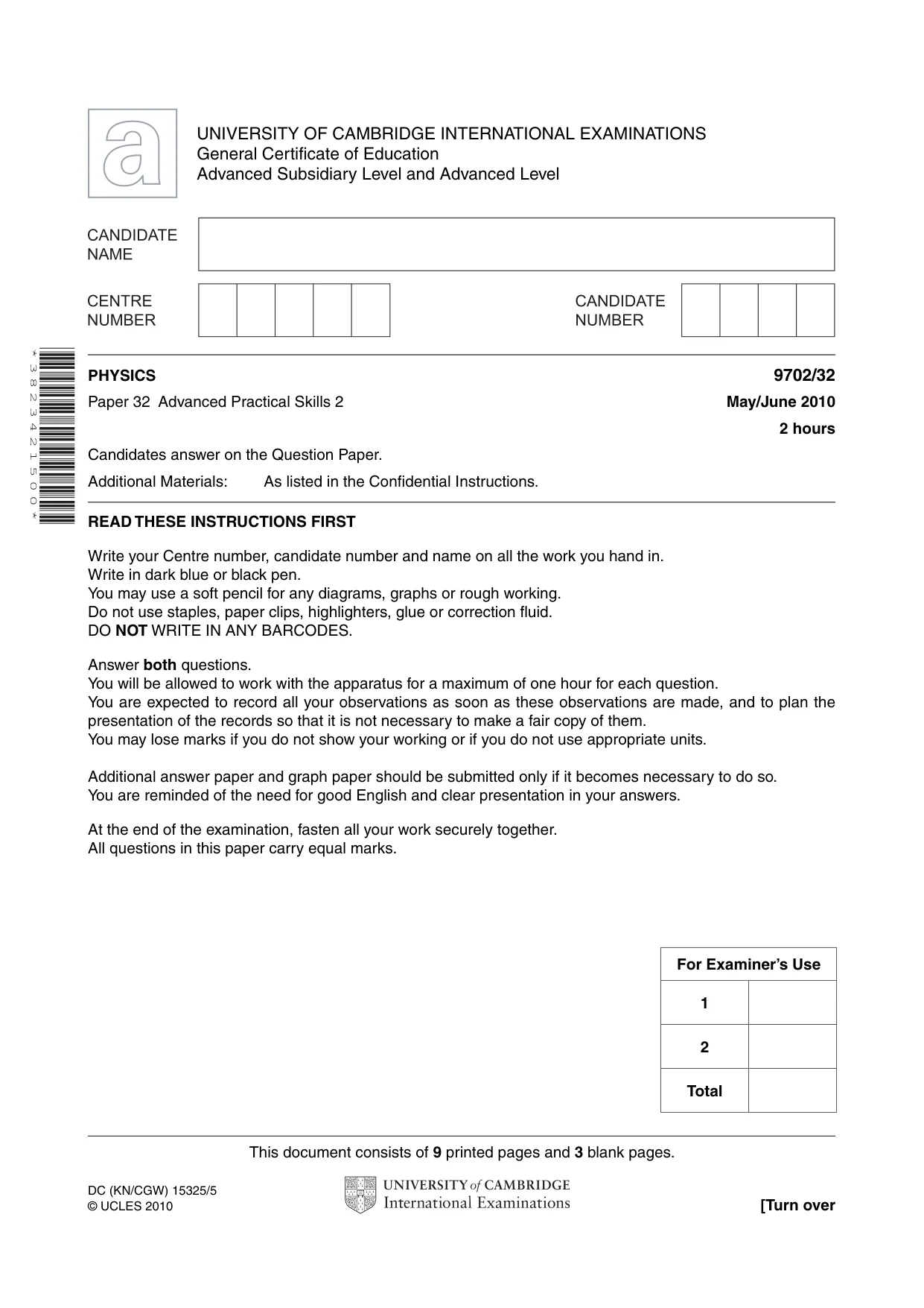 Cambridge A Level Physics 9702 2010 May/June Paper 3 · Variant 2 question paper, page 1 of 12