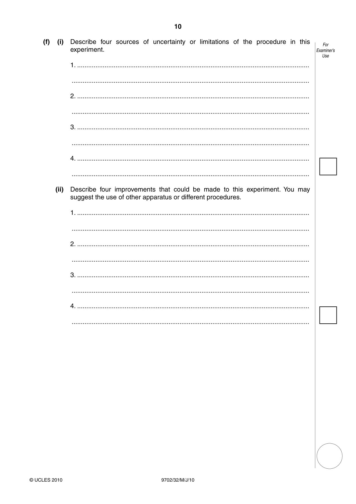 Cambridge A Level Physics 9702 2010 May/June Paper 3 · Variant 2 question paper, page 10 of 12