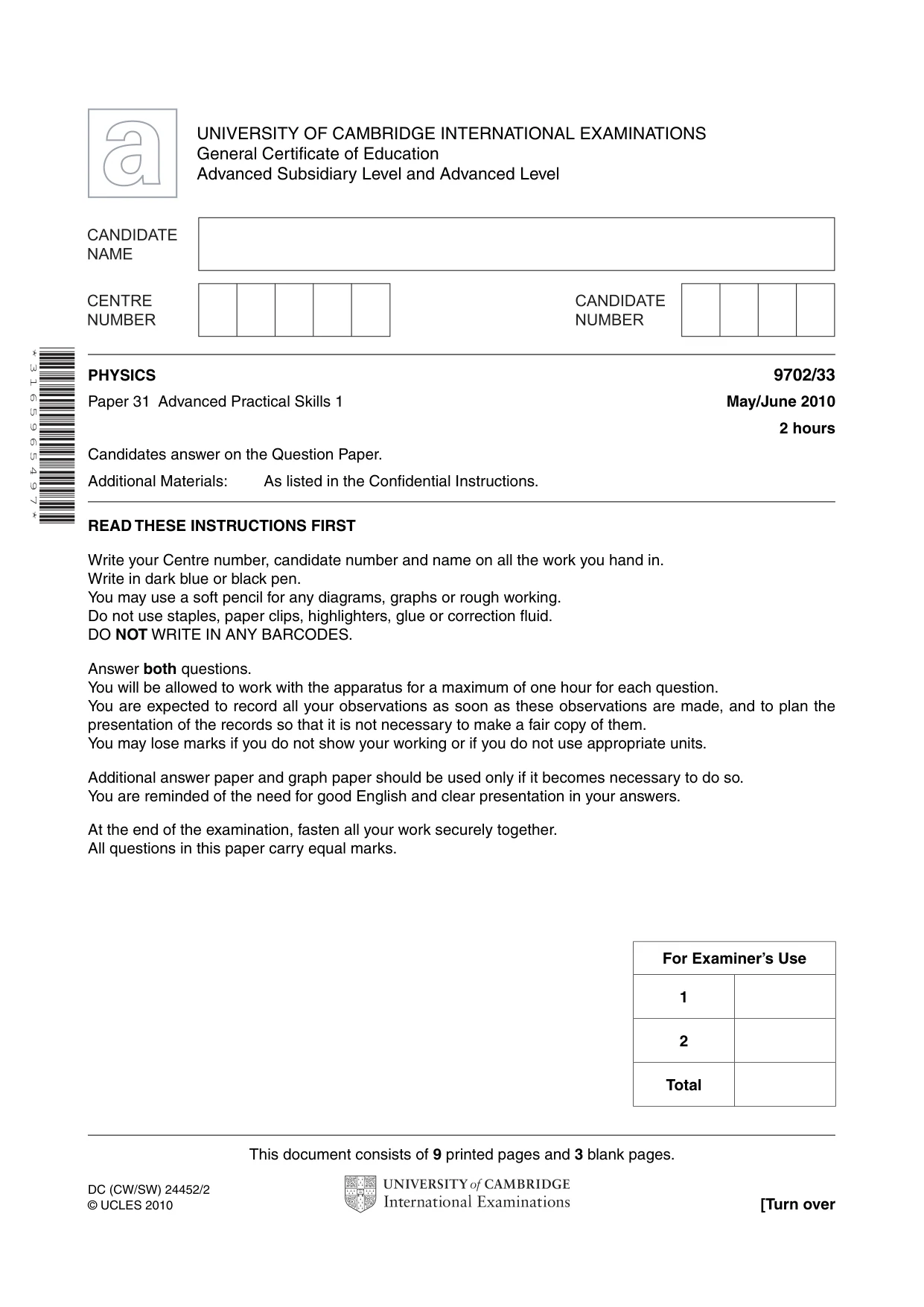 Cambridge A Level Physics 9702 2010 May/June Paper 3 · Variant 3 question paper, page 1 of 12