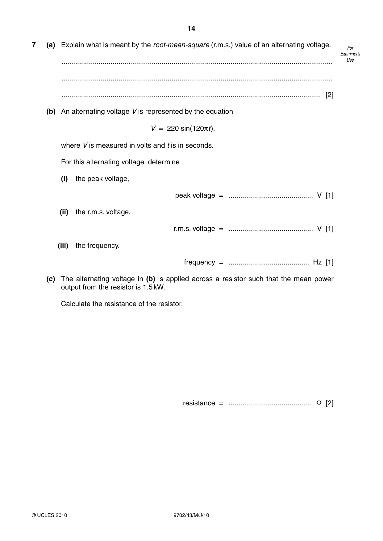 Cambridge A Level Physics 9702 2010 May/June Paper 4 · Variant 3 question paper, page 14 of 20