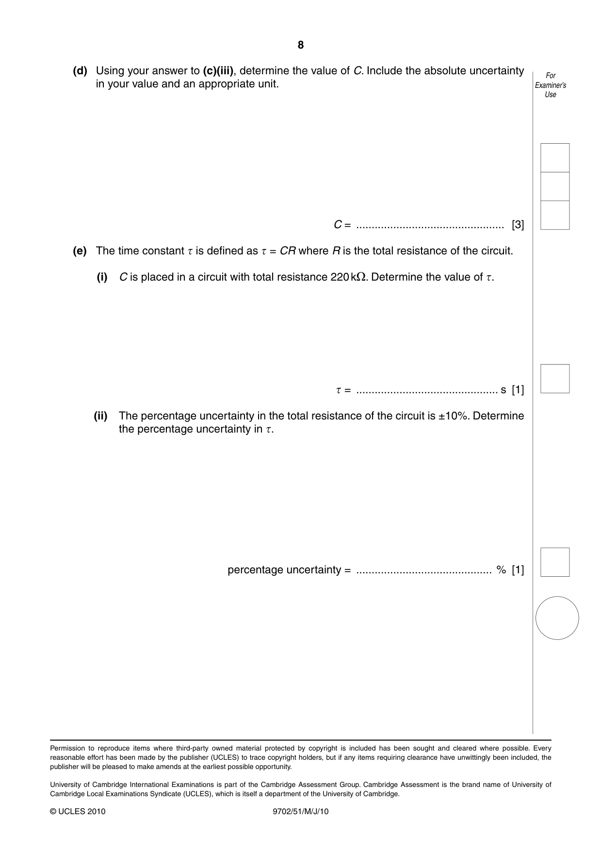 Cambridge A Level Physics 9702 2010 May/June Paper 5 · Variant 1 question paper, page 8 of 8