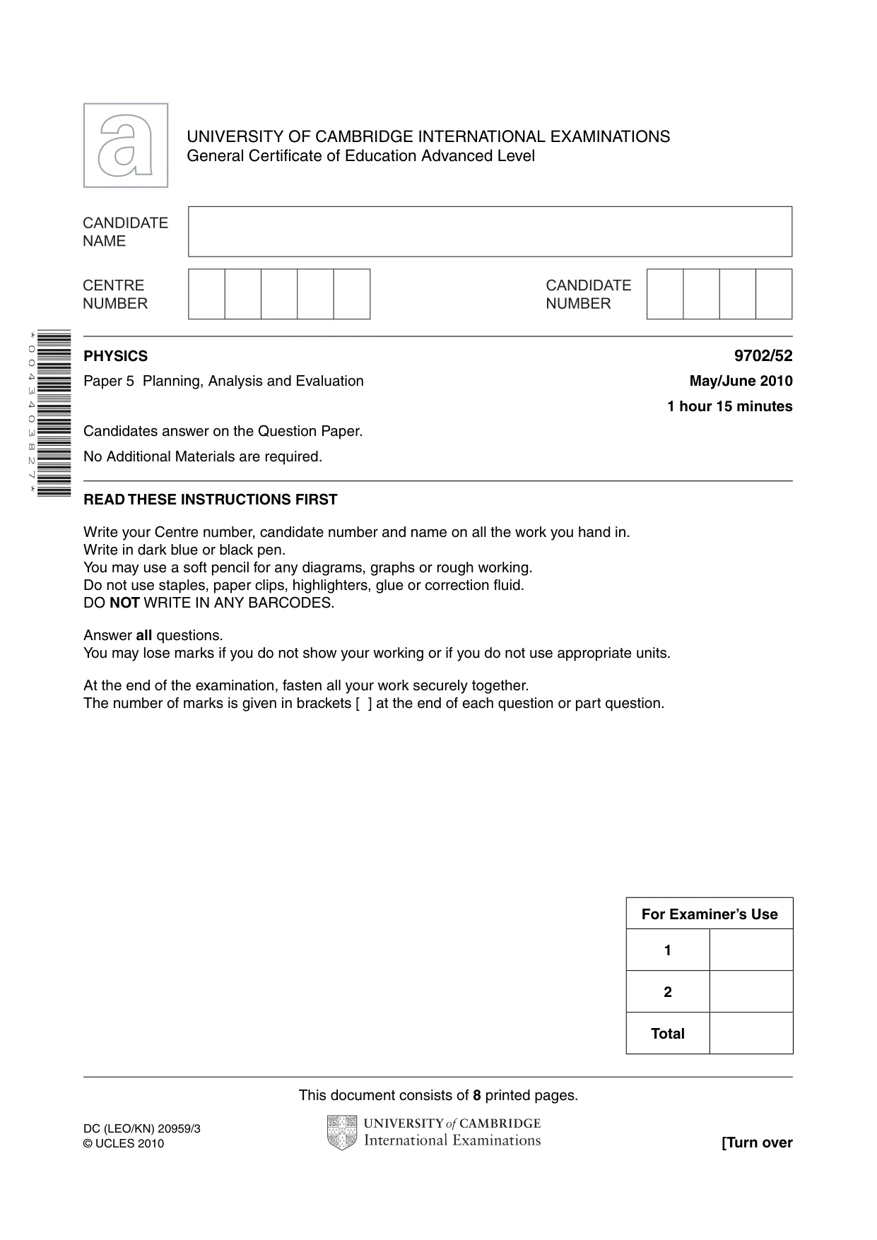 Cambridge A Level Physics 9702 2010 May/June Paper 5 · Variant 2 question paper, page 1 of 8