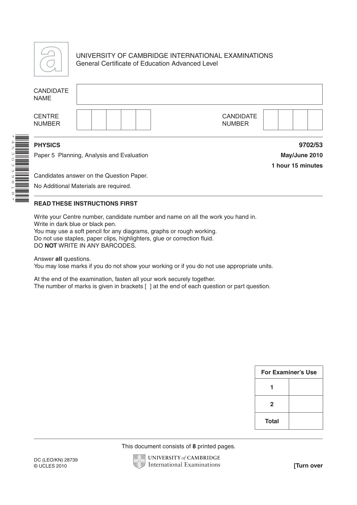 Cambridge A Level Physics 9702 2010 May/June Paper 5 · Variant 3 question paper, page 1 of 8