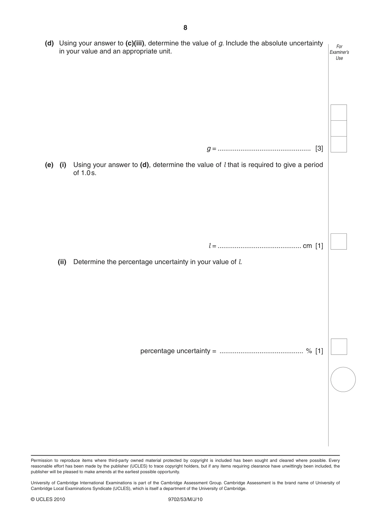 Cambridge A Level Physics 9702 2010 May/June Paper 5 · Variant 3 question paper, page 8 of 8
