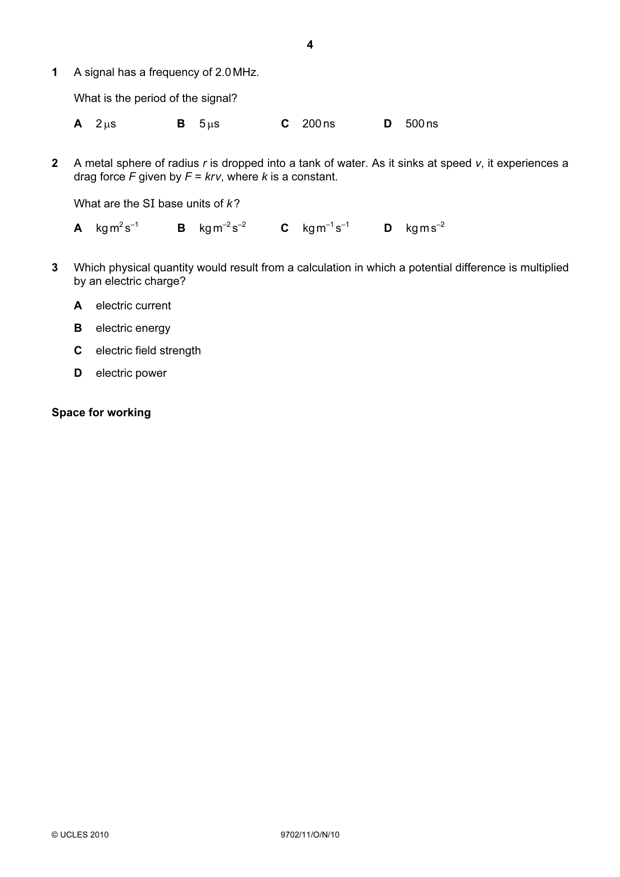Cambridge A Level Physics 9702 2010 Oct/Nov Paper 1 · Variant 1 question paper, page 4 of 24