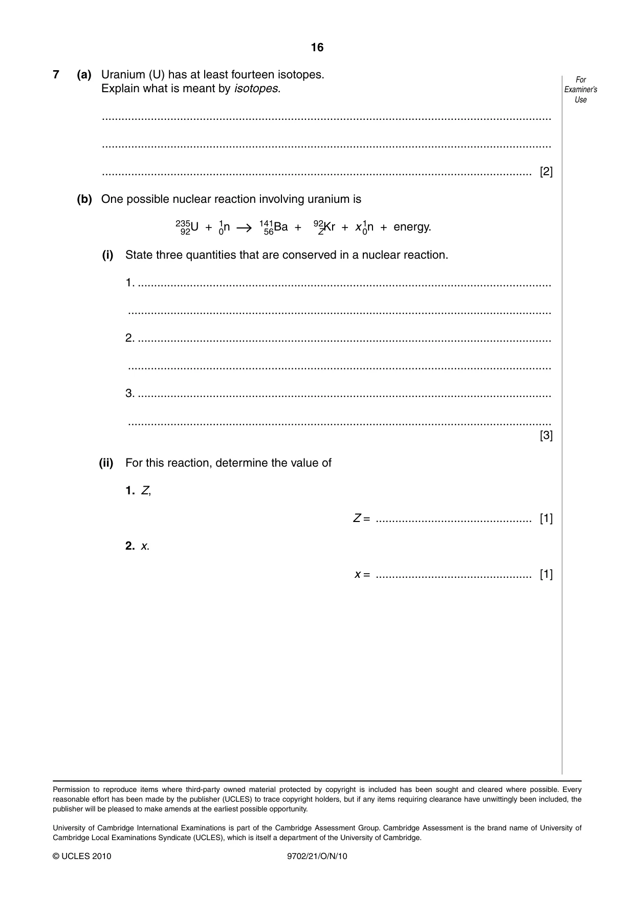 Cambridge A Level Physics 9702 2010 Oct/Nov Paper 2 · Variant 1 question paper, page 16 of 16