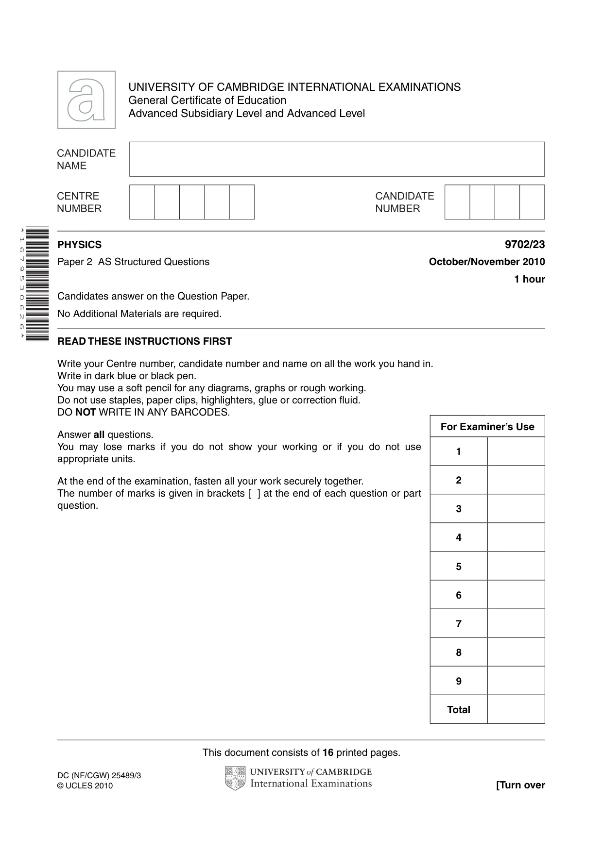 Cambridge A Level Physics 9702 2010 Oct/Nov Paper 2 · Variant 3 question paper, page 1 of 16