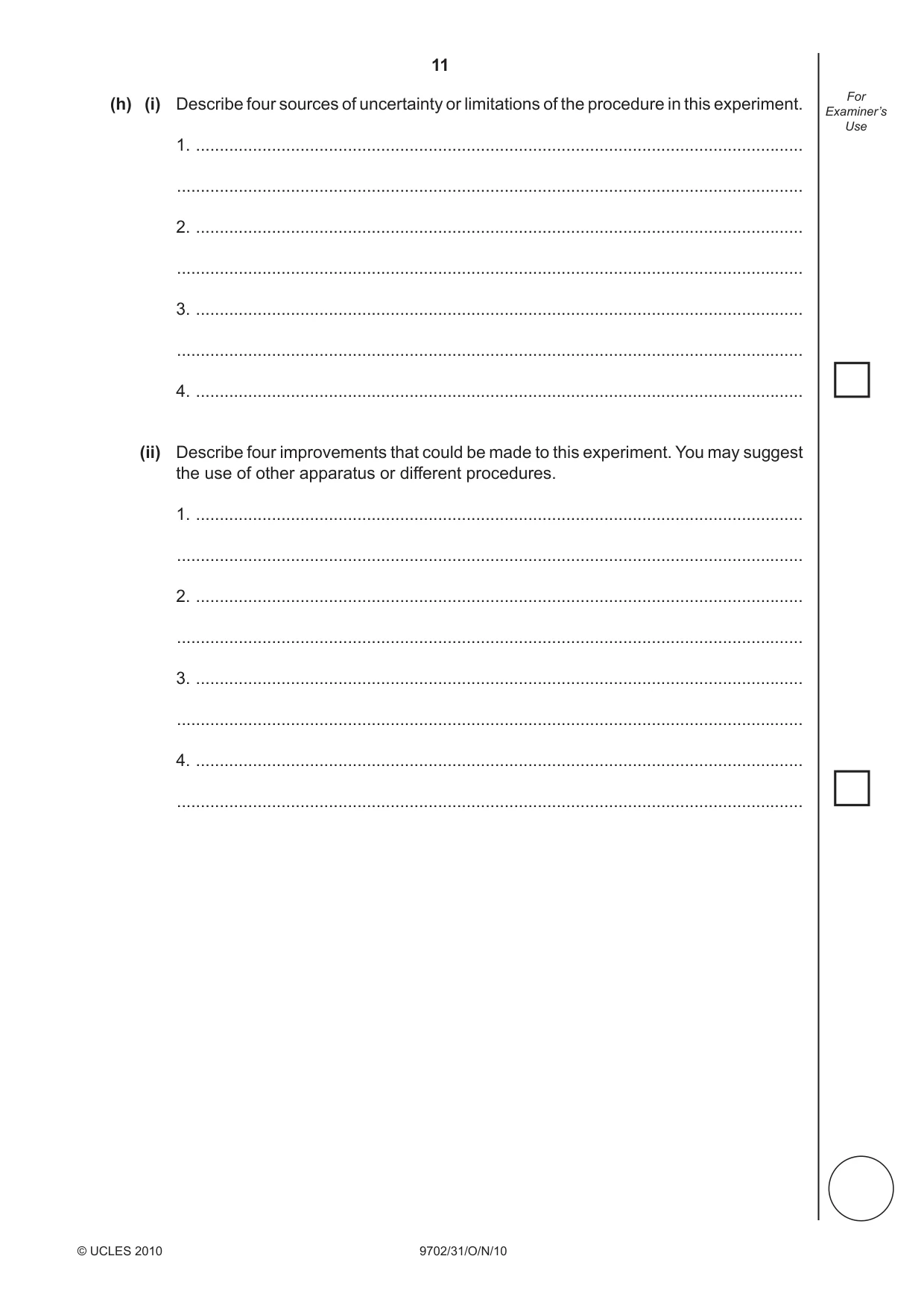 Cambridge A Level Physics 9702 2010 Oct/Nov Paper 3 · Variant 1 question paper, page 11 of 12