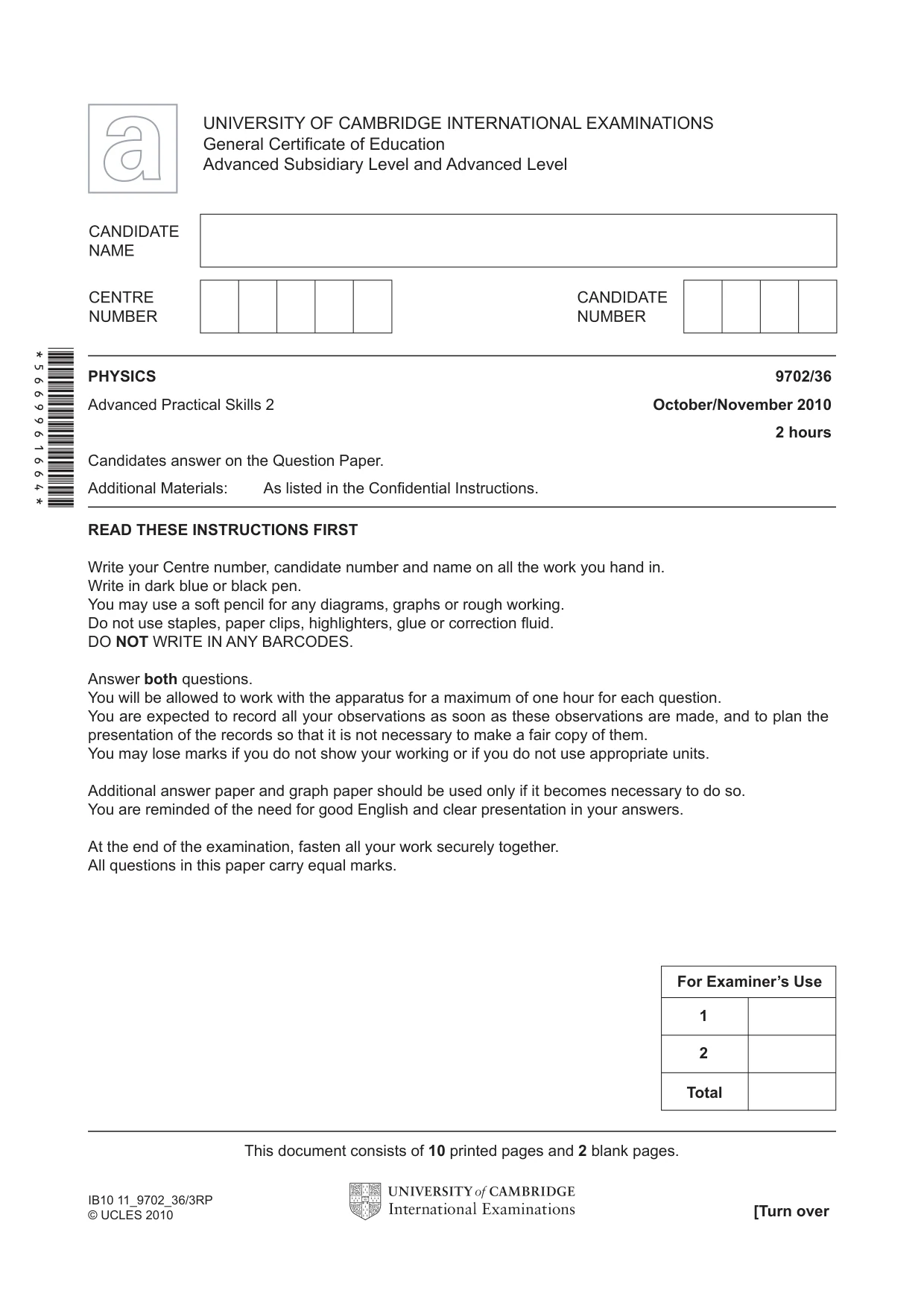 Cambridge A Level Physics 9702 2010 Oct/Nov Paper 3 · Variant 6 question paper, page 1 of 12