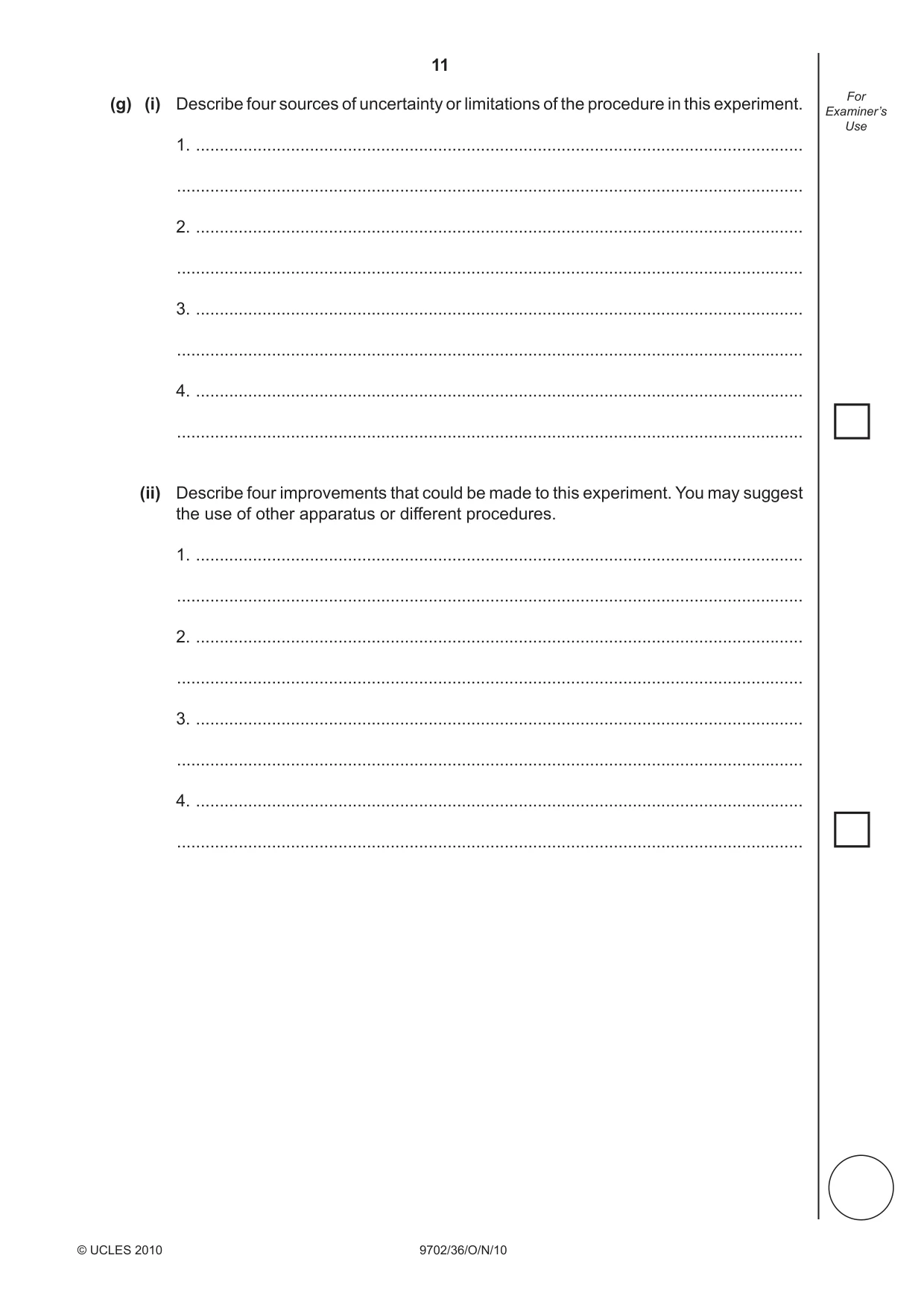 Cambridge A Level Physics 9702 2010 Oct/Nov Paper 3 · Variant 6 question paper, page 11 of 12