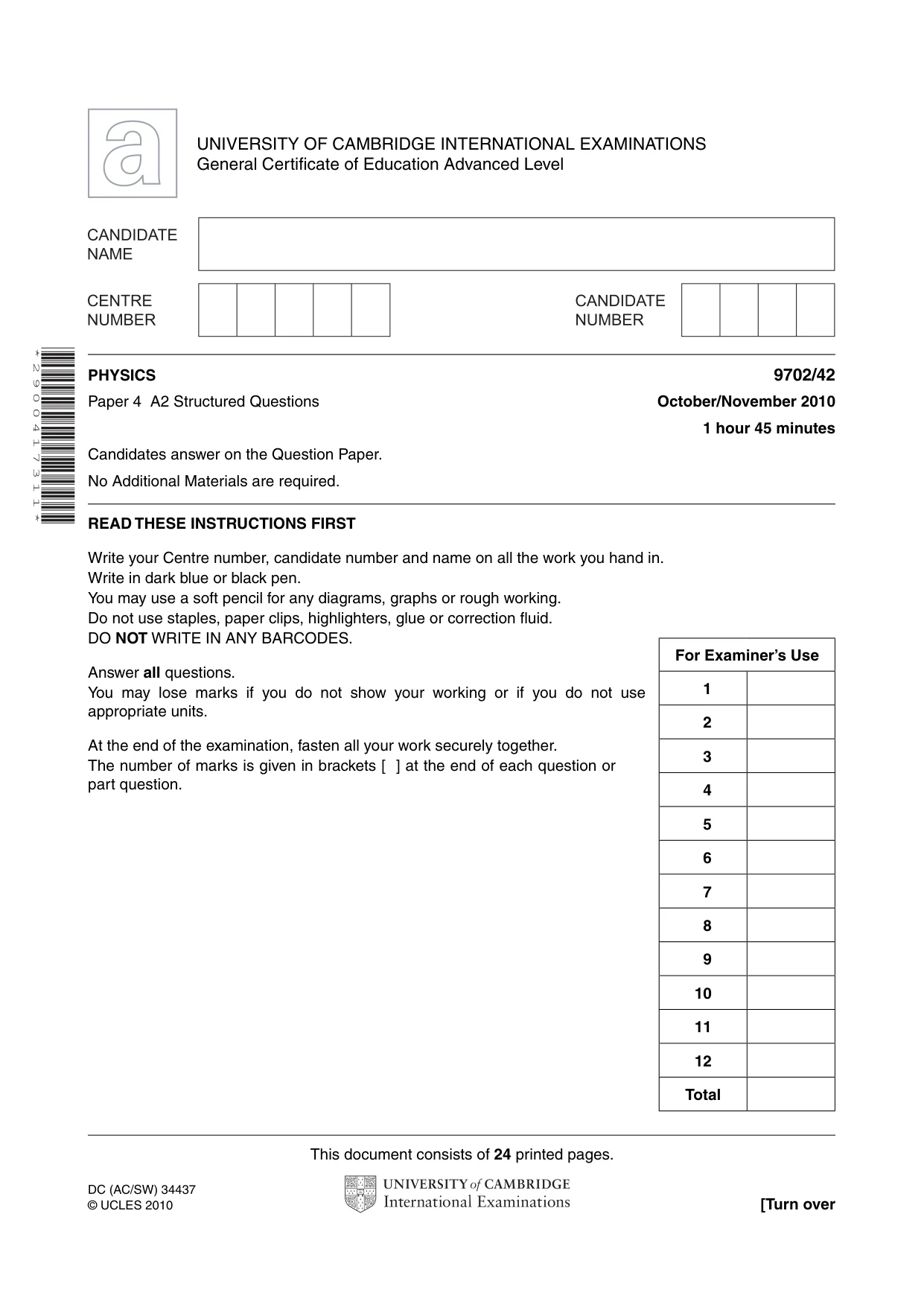 Cambridge A Level Physics 9702 2010 Oct/Nov Paper 4 · Variant 2 question paper, page 1 of 24