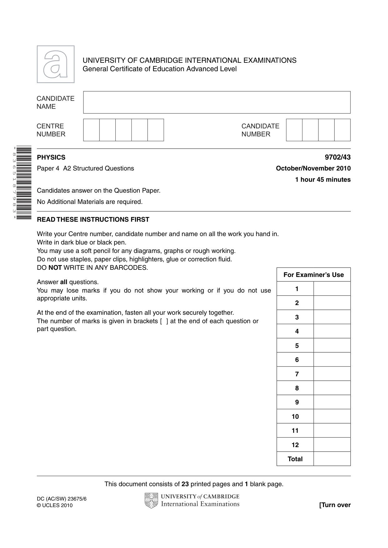 Cambridge A Level Physics 9702 2010 Oct/Nov Paper 4 · Variant 3 question paper, page 1 of 24