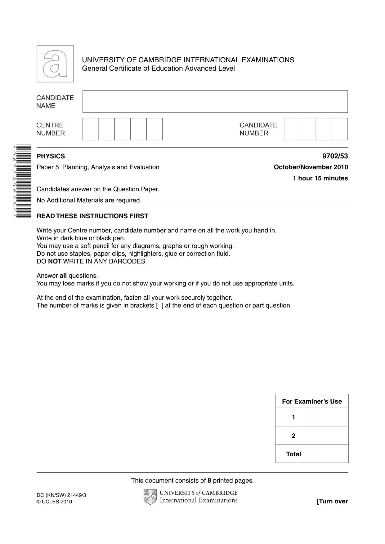 Cambridge A Level Physics 9702 2010 Oct/Nov Paper 5 · Variant 3 question paper, page 1 of 8