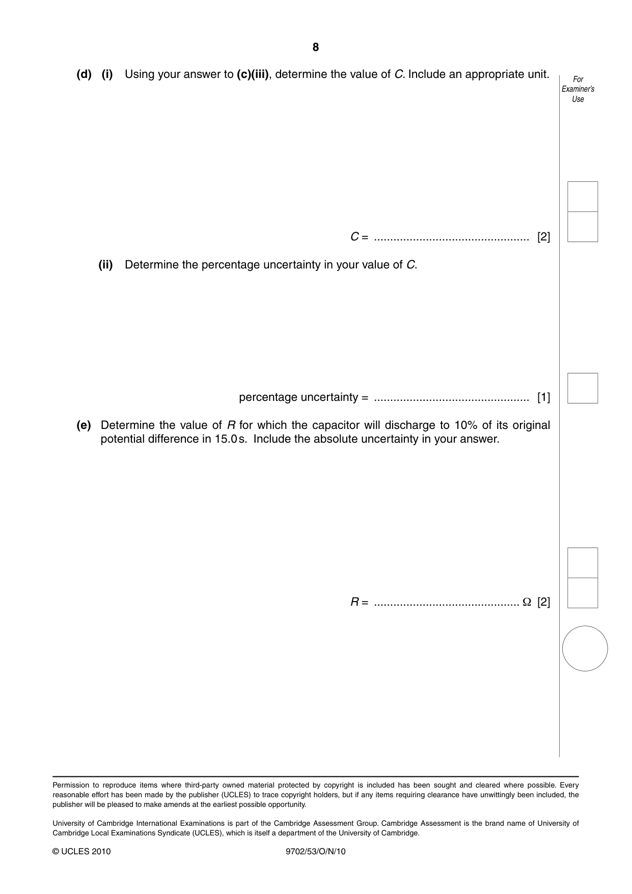 Cambridge A Level Physics 9702 2010 Oct/Nov Paper 5 · Variant 3 question paper, page 8 of 8