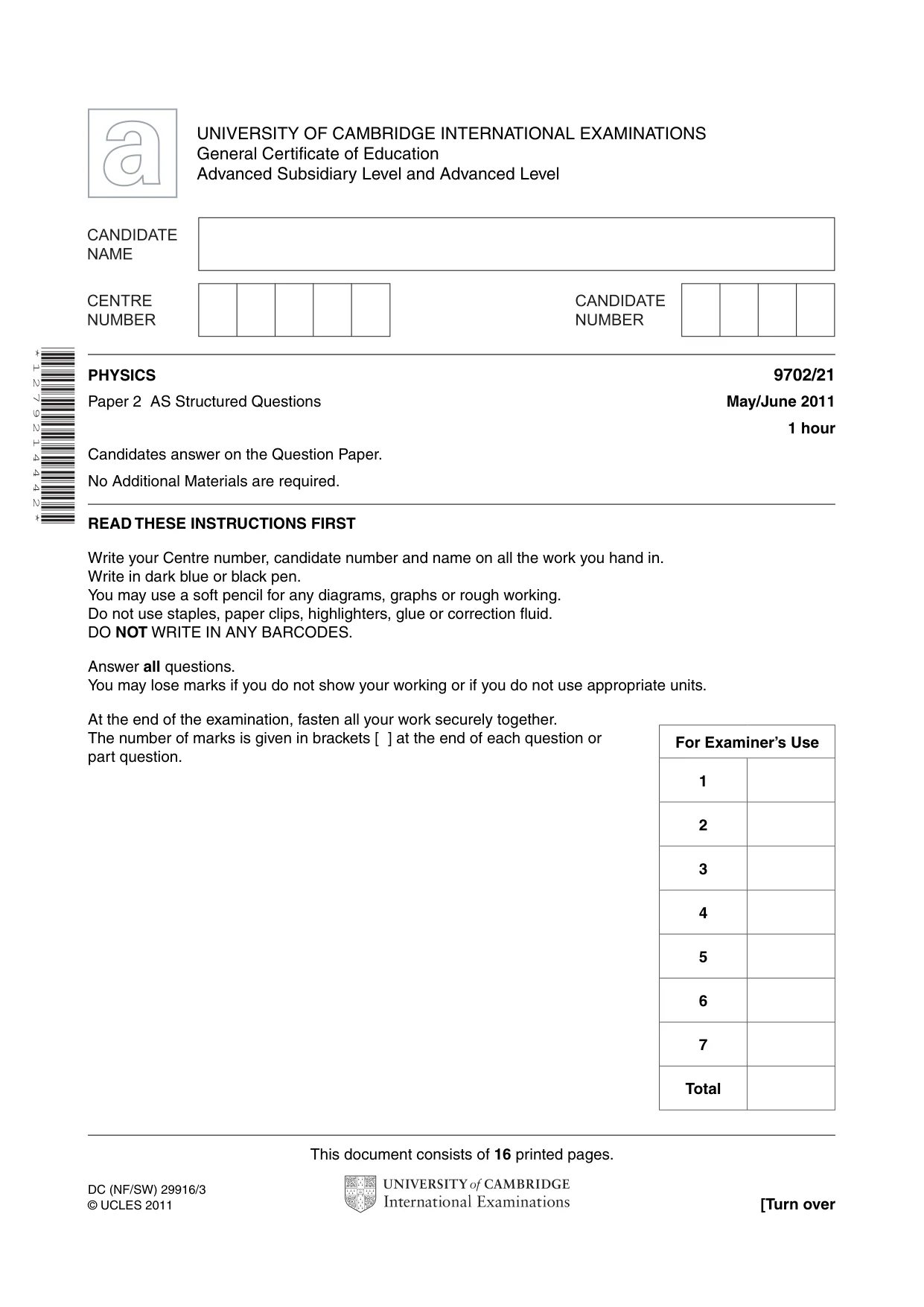 Cambridge A Level Physics 9702 2011 May/June Paper 2 · Variant 1 question paper, page 1 of 16