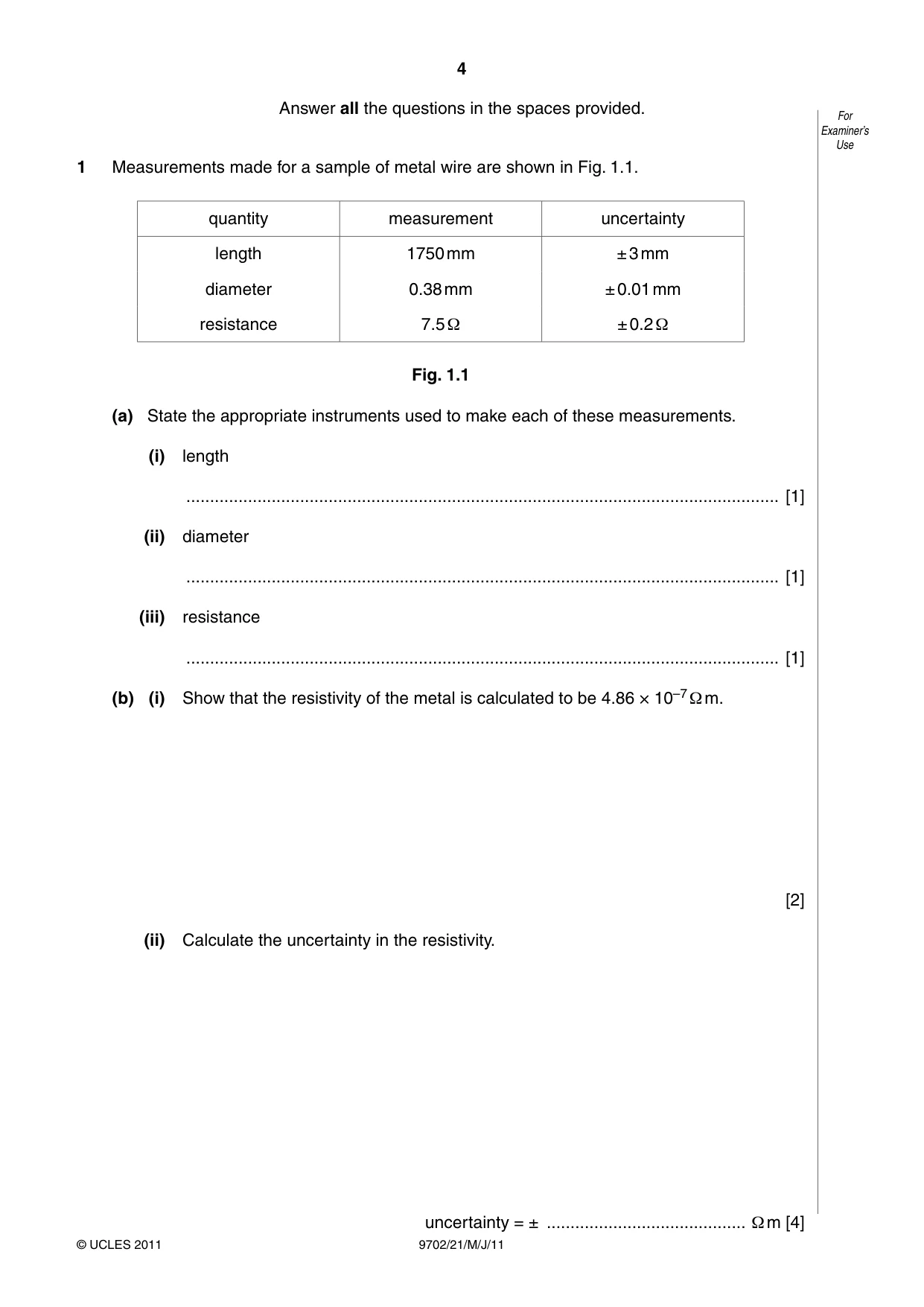 Cambridge A Level Physics 9702 2011 May/June Paper 2 · Variant 1 question paper, page 4 of 16