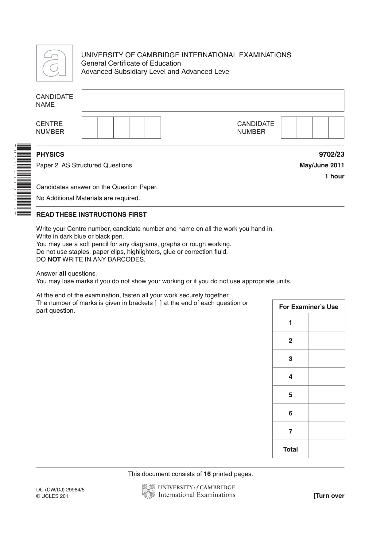 Cambridge A Level Physics 9702 2011 May/June Paper 2 · Variant 3 question paper, page 1 of 16