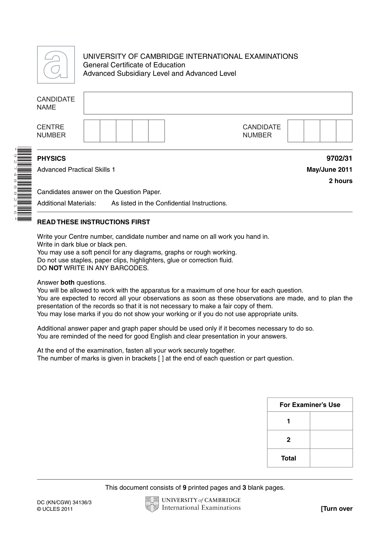 Cambridge A Level Physics 9702 2011 May/June Paper 3 · Variant 1 question paper, page 1 of 12